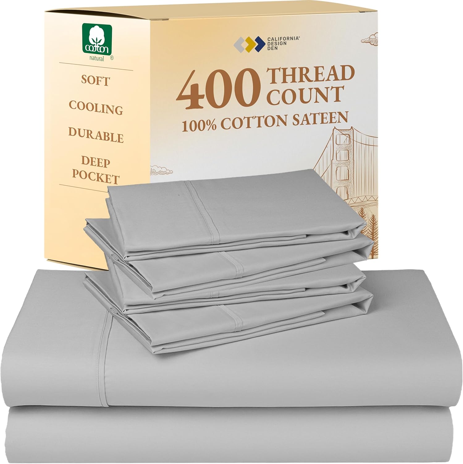 California Design Den King Size Sheets Set - Soft 400 Thread Count Sateen, Natural 100% Cotton Sheets King Size, Deep Pockets with All Around Elastic for a Snug Fit, Cool & Durable Bedding - White