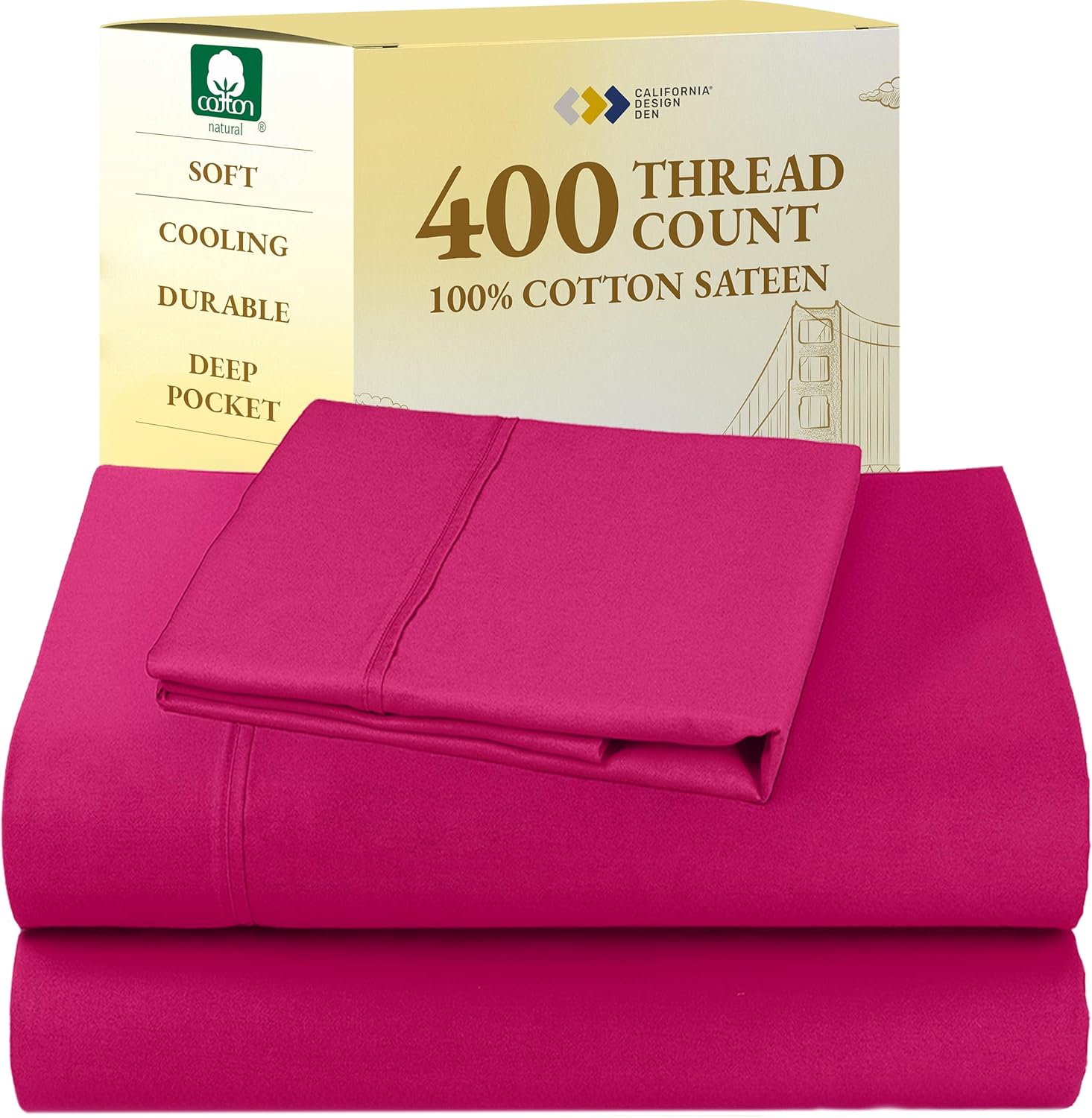 California Design Den King Size Sheets Set - Soft 400 Thread Count Sateen, Natural 100% Cotton Sheets King Size, Deep Pockets with All Around Elastic for a Snug Fit, Cool & Durable Bedding - White