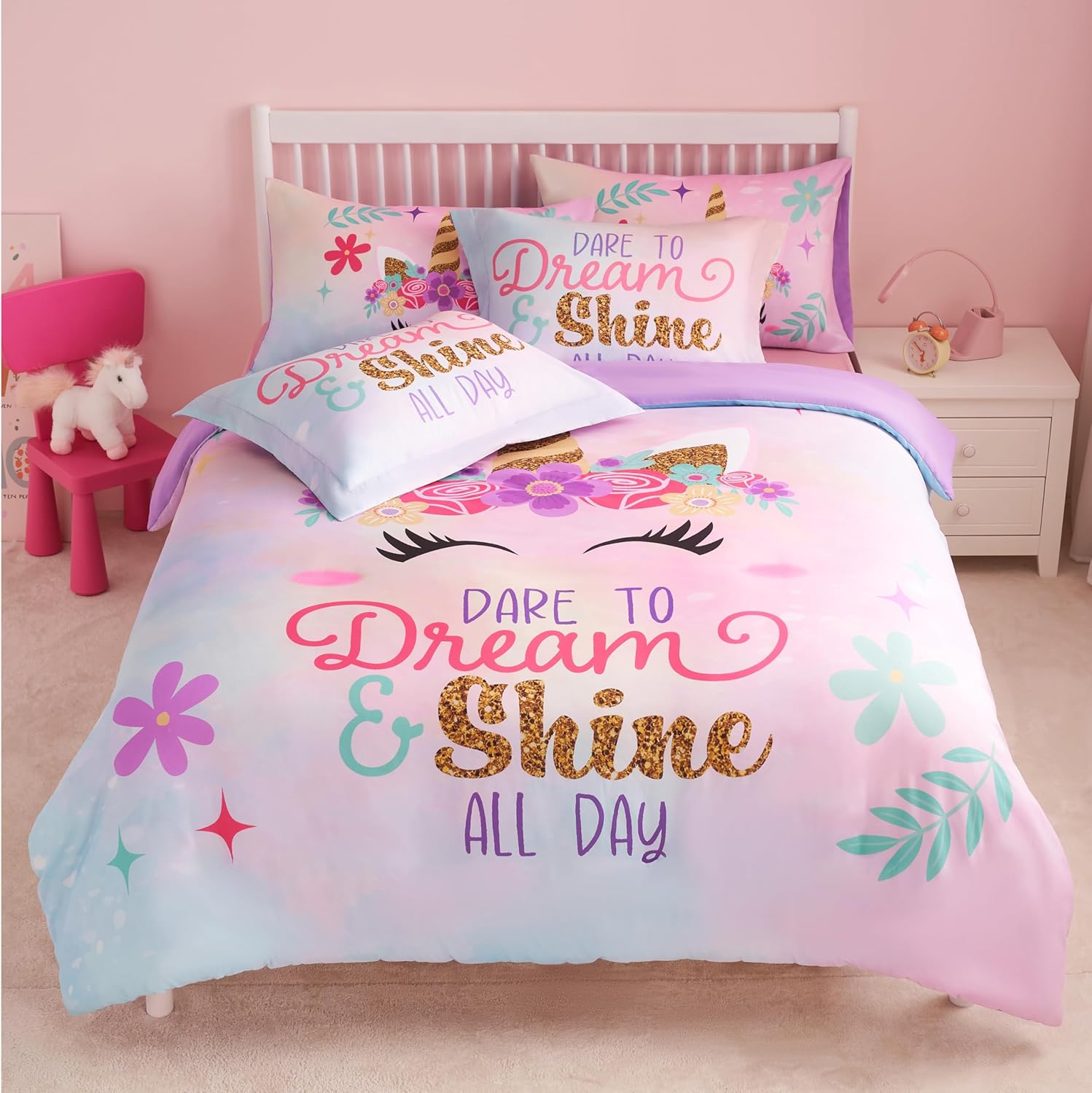 Joiedomi Kid Twin Comforter Set 5 Piece Unicorn Bedding Set for Boys Girls Super Soft Microfiber Bed in a Bag with Comforter Sheets Pillowcase Sham