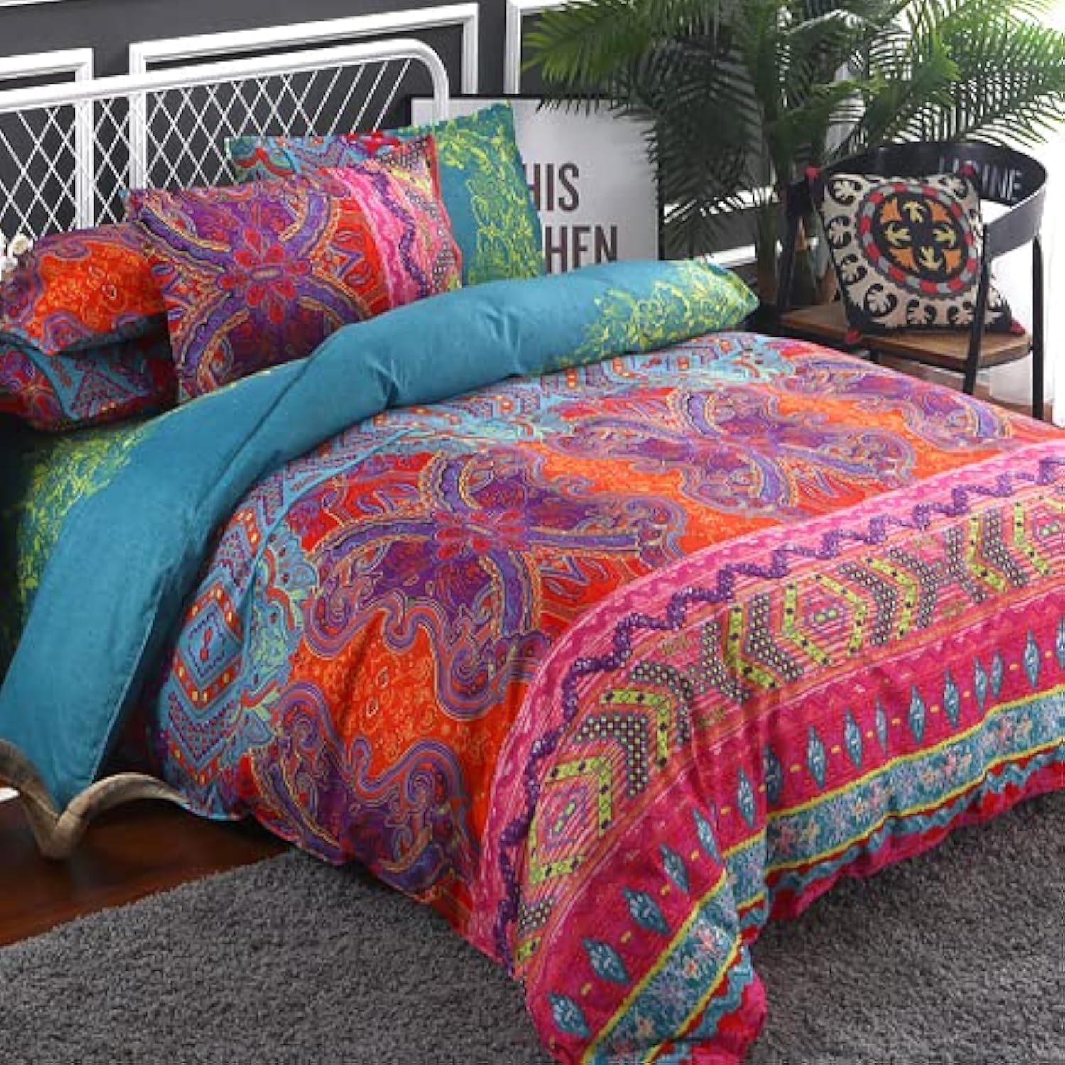 WONGS BEDDING Bohemian Comforter Set Queen, Ultra Soft Microfiber Reversible Boho Alternative Comforter Set - 3 Pieces (1 Solid Comforter + 2 Pillowcases), Bedding Duvet Set for Queen Bed