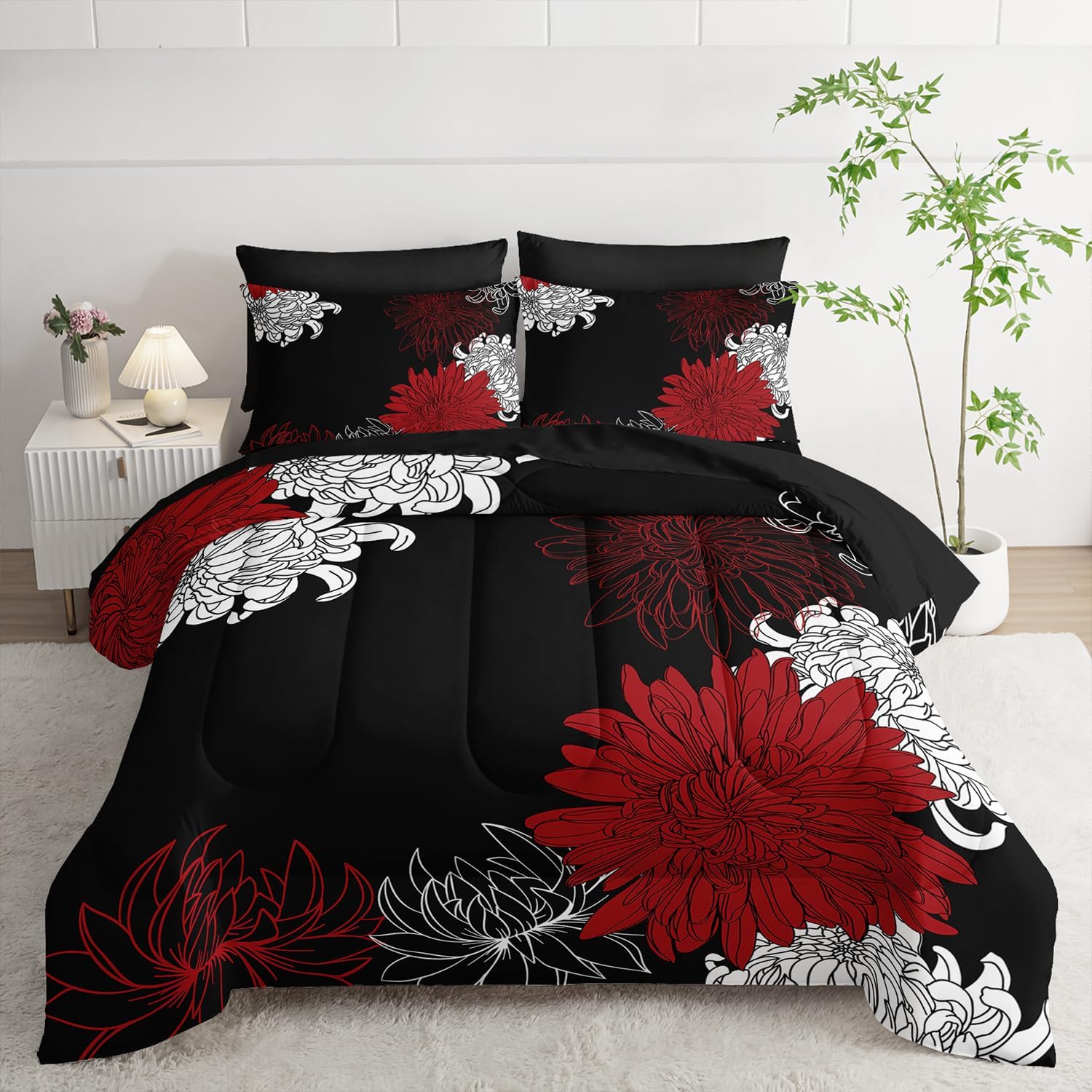 7pc Queen Comforter Set: Black & Gold Floral Bed in a Bag, Elegant Bedding with Sheets, Soft Microfiber, All Season Flower Design