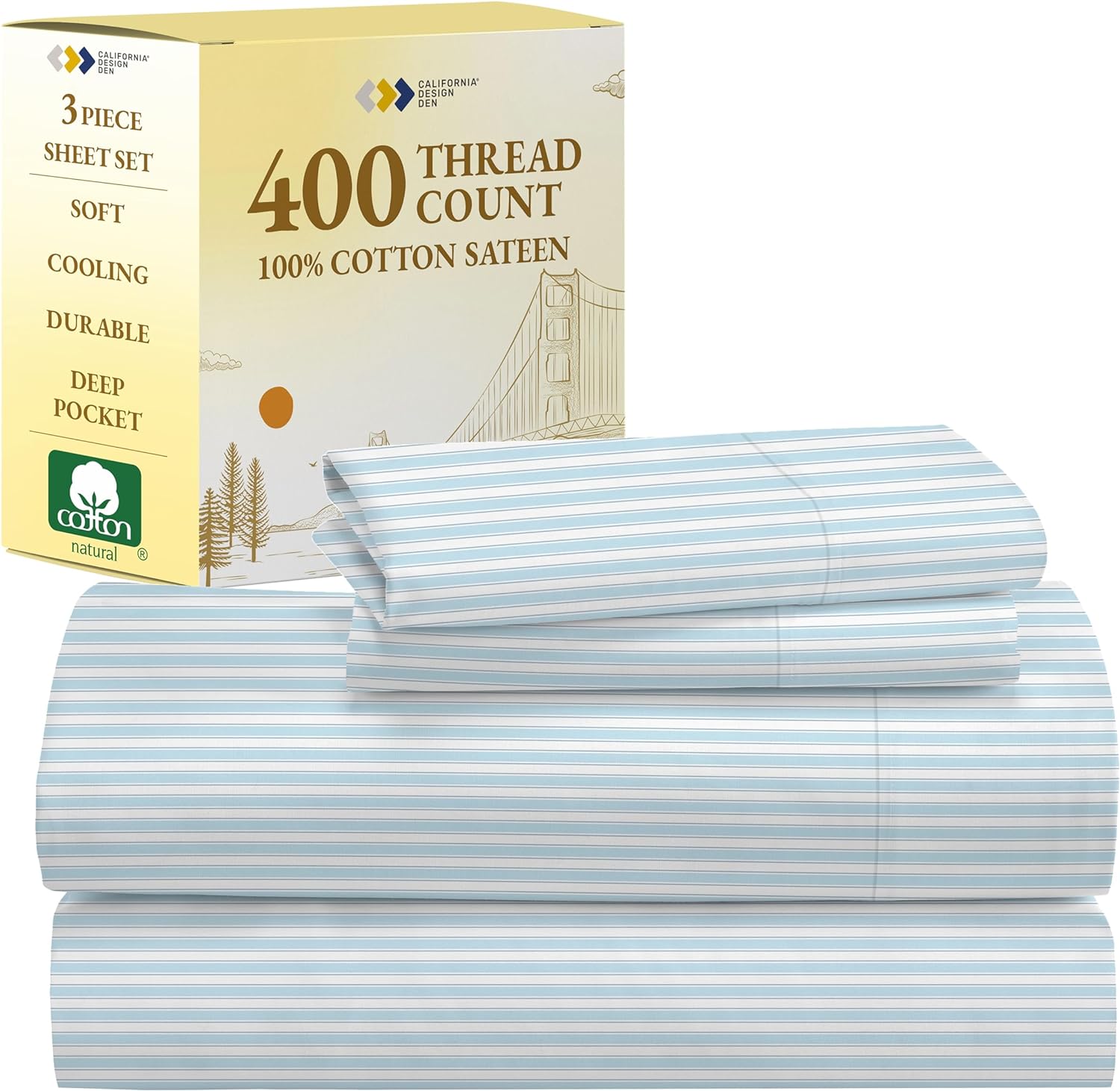 California Design Den King Size Sheets Set - Soft 400 Thread Count Sateen, Natural 100% Cotton Sheets King Size, Deep Pockets with All Around Elastic for a Snug Fit, Cool & Durable Bedding - White