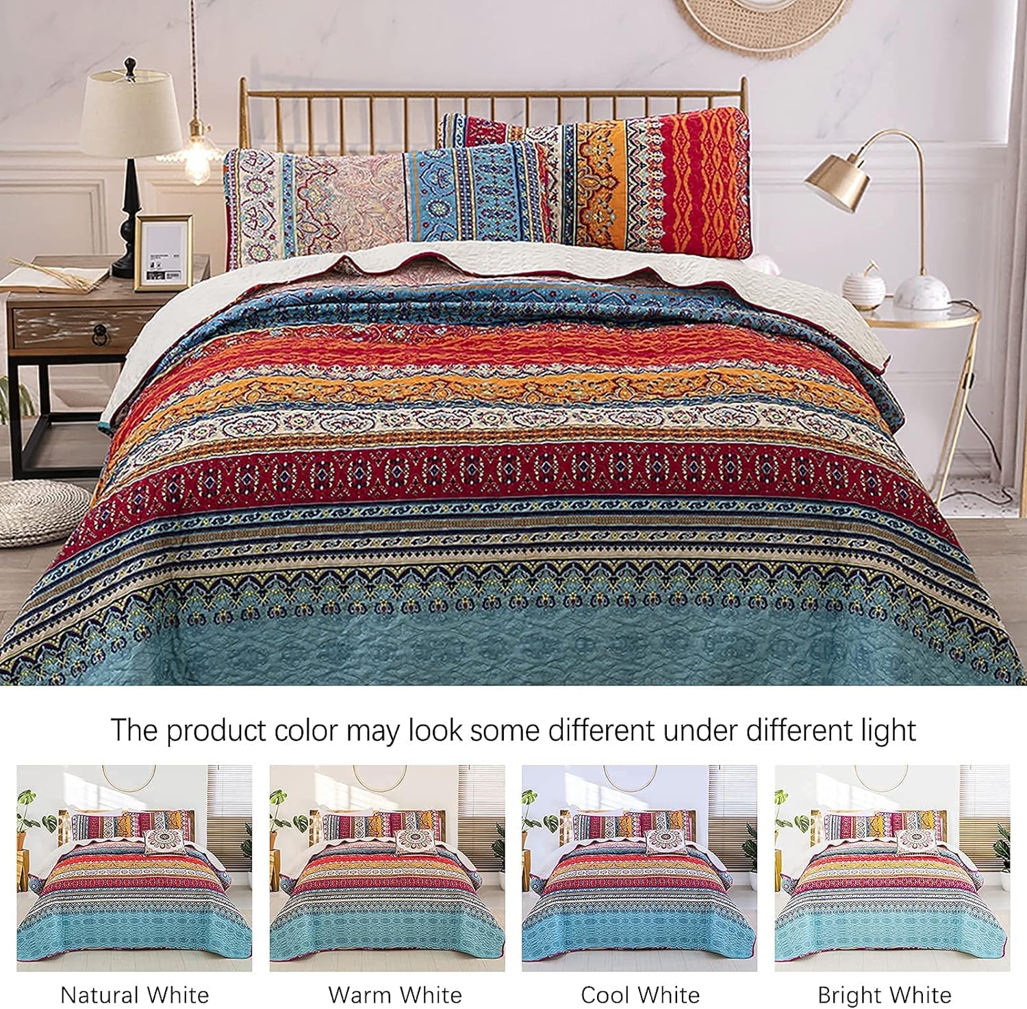 WONGS BEDDING Bohemian Quilt Set King Size, Boho Striped Printed Bedding Bedspread Coverlet Set for All Season, Lightweight Microfiber Quilts with 2 Pillowcases 104"x90" (3 Pieces, Colorful)