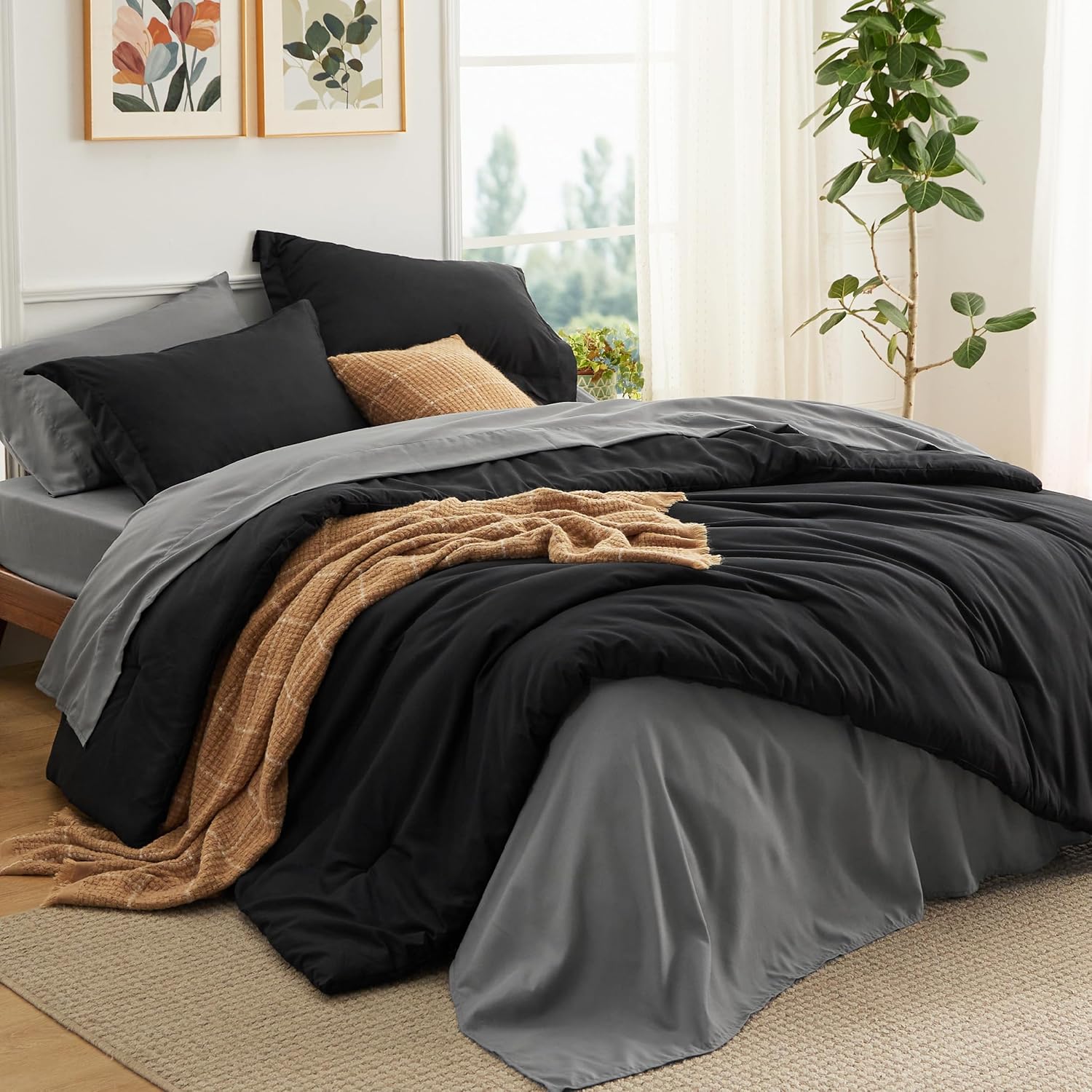 Bedsure Queen Comforter Set - 7 Pieces Grayish Blue Queen Bedding Set for All Seasons, Boho Contrasting Design Bed in a Bag with Comforter, Sheets, Pillowcases & Shams