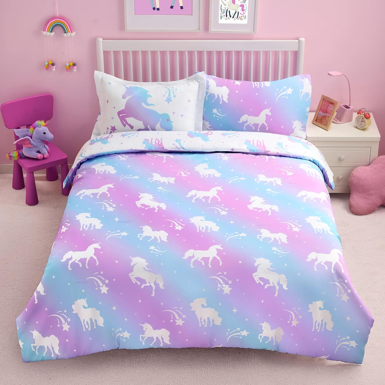 Joiedomi Kid Twin Comforter Set 5 Piece Unicorn Bedding Set for Boys Girls Super Soft Microfiber Bed in a Bag with Comforter Sheets Pillowcase Sham