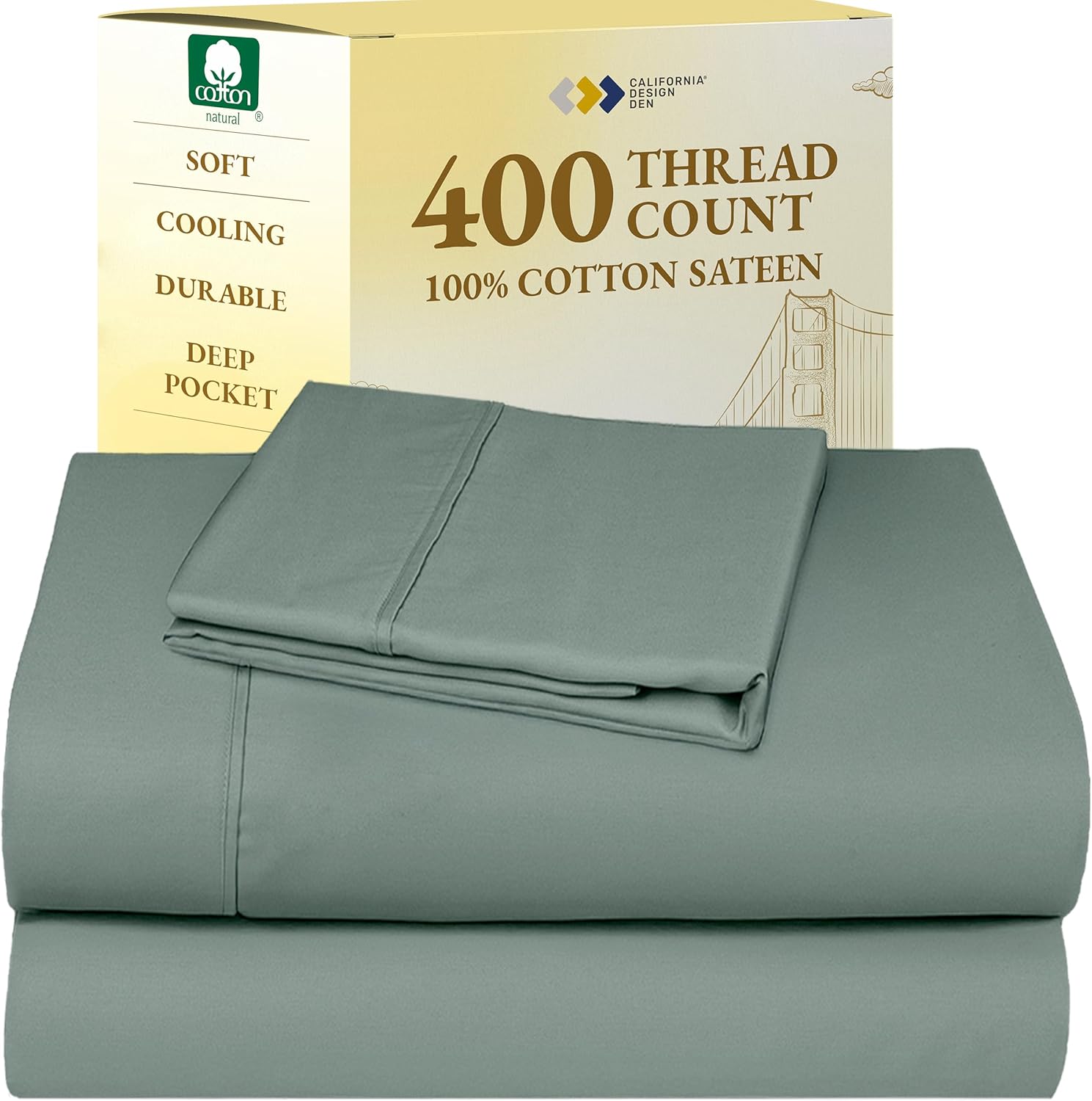 California Design Den King Size Sheets Set - Soft 400 Thread Count Sateen, Natural 100% Cotton Sheets King Size, Deep Pockets with All Around Elastic for a Snug Fit, Cool & Durable Bedding - White