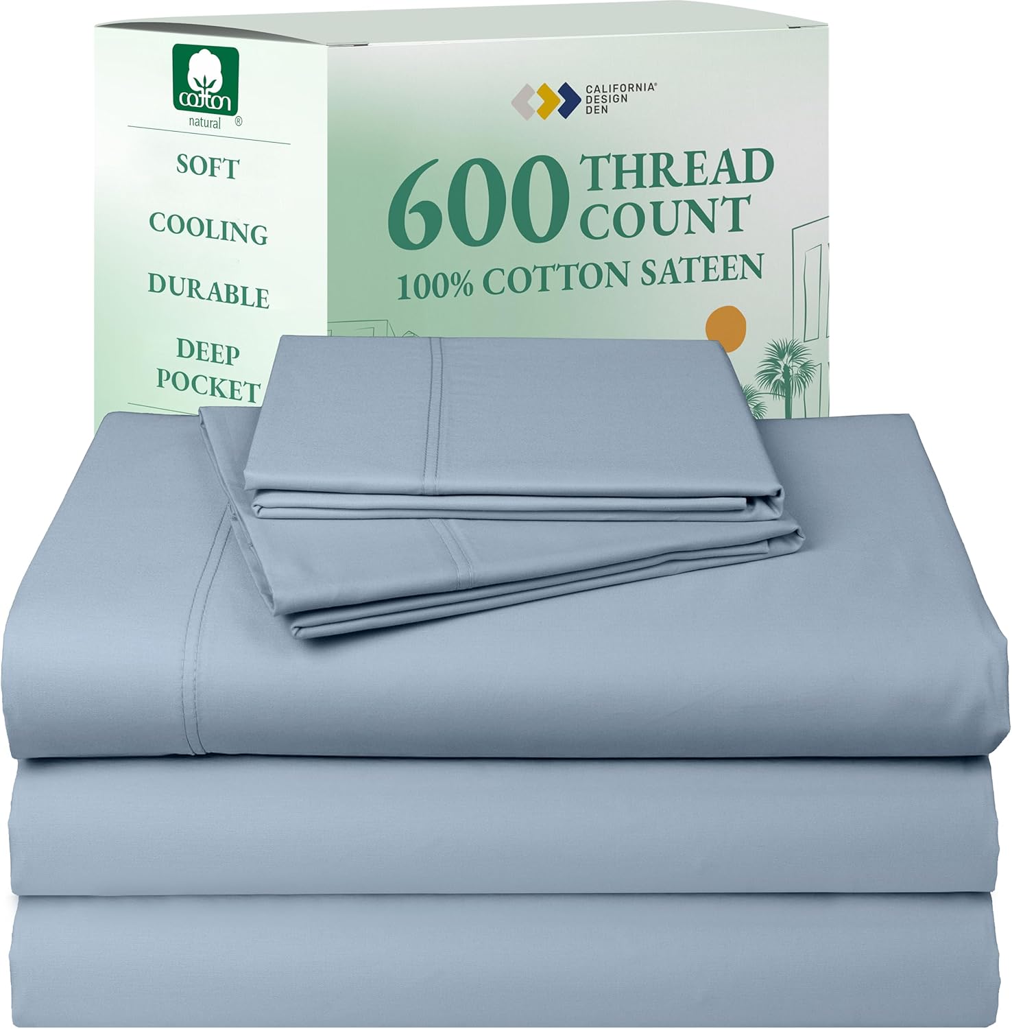 California Design Den Queen Sheet Set - Luxury 600 Thread Count Sateen, 100% Cotton Deep Pocket Queen Sheets with All Around Elastic, Snug Fit, Hotel Quality Bedding Set - White