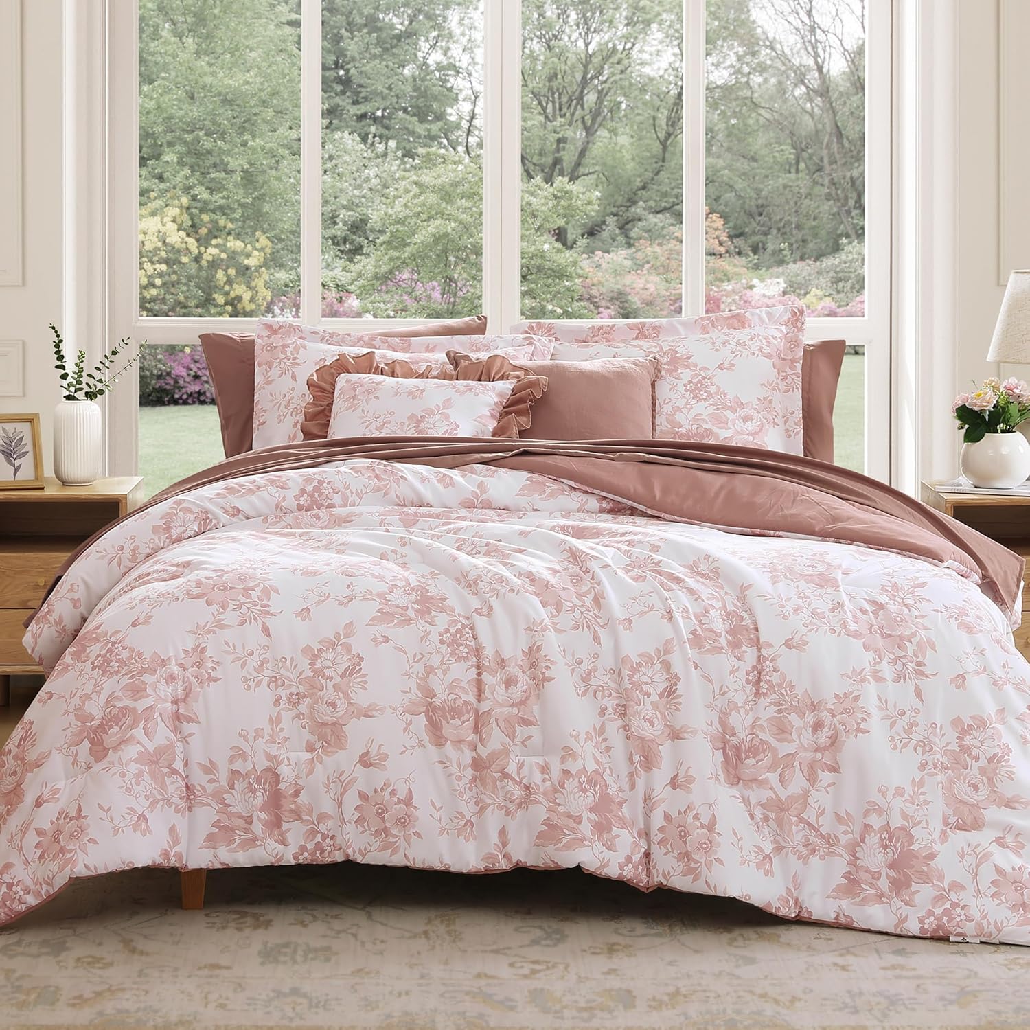 Queen Comforter Set -7 Pieces Pink Floral Comforter Set for All Seasons, Bed in a Bag Queen with Botanical Flowers Comforter, Sheets, Pillowcases & Shams
