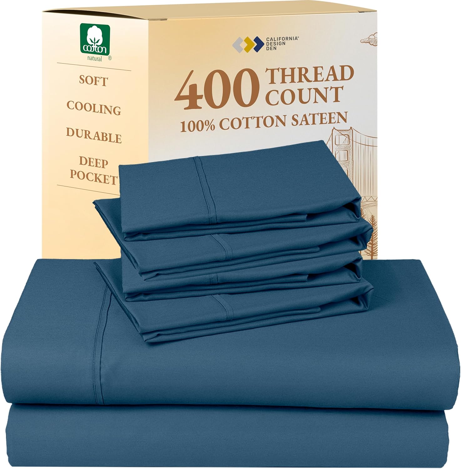 California Design Den King Size Sheets Set - Soft 400 Thread Count Sateen, Natural 100% Cotton Sheets King Size, Deep Pockets with All Around Elastic for a Snug Fit, Cool & Durable Bedding - White