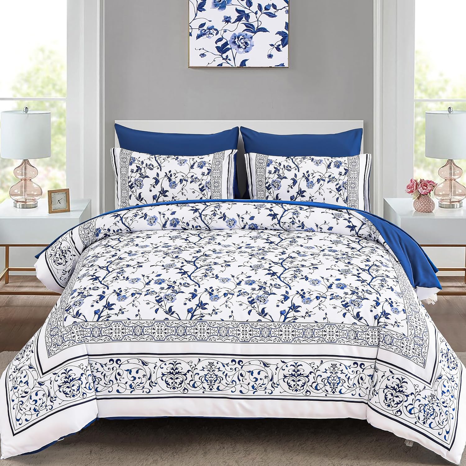 Dobuyly Floral Queen Comforter Set, 7 Piece Bed in a Bag Queen Size Blue Flowers on White Botanical Bedding Set, Soft Microfiber Bedding Comforter Sets with Sheets for All Season