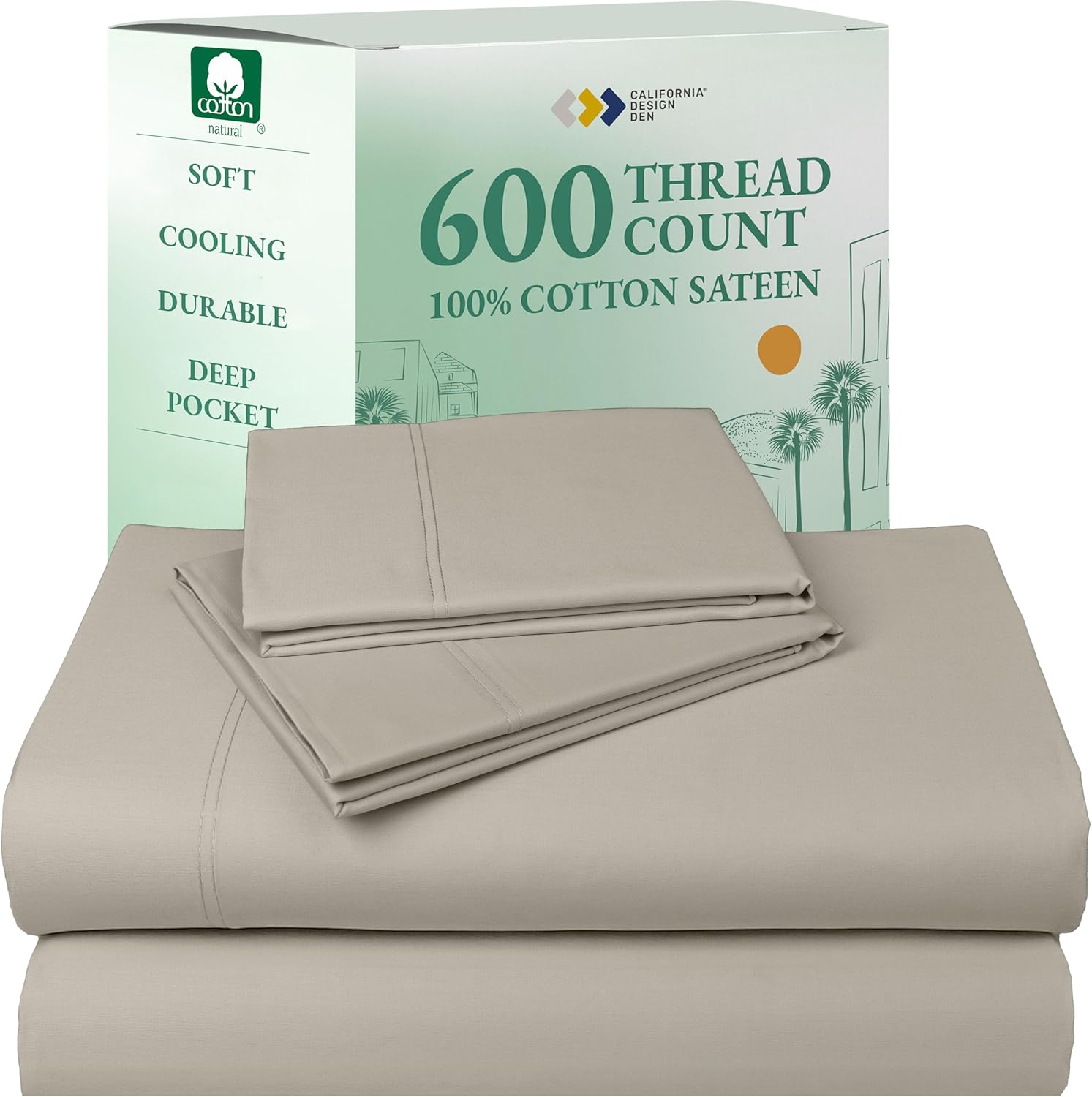 California Design Den Queen Sheet Set - Luxury 600 Thread Count Sateen, 100% Cotton Deep Pocket Queen Sheets with All Around Elastic, Snug Fit, Hotel Quality Bedding Set - White