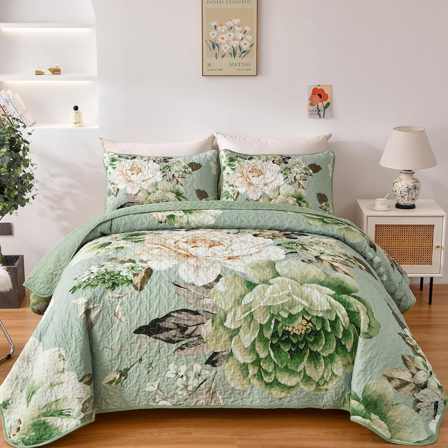 WONGS BEDDING Floral Quilt Set Blue Queen Size 3 Pieces Elegant Botanical Print Bedding Set for All Season, Lightweight Reversible Bedspreads Coverlet Set with 2 Pillow Shams