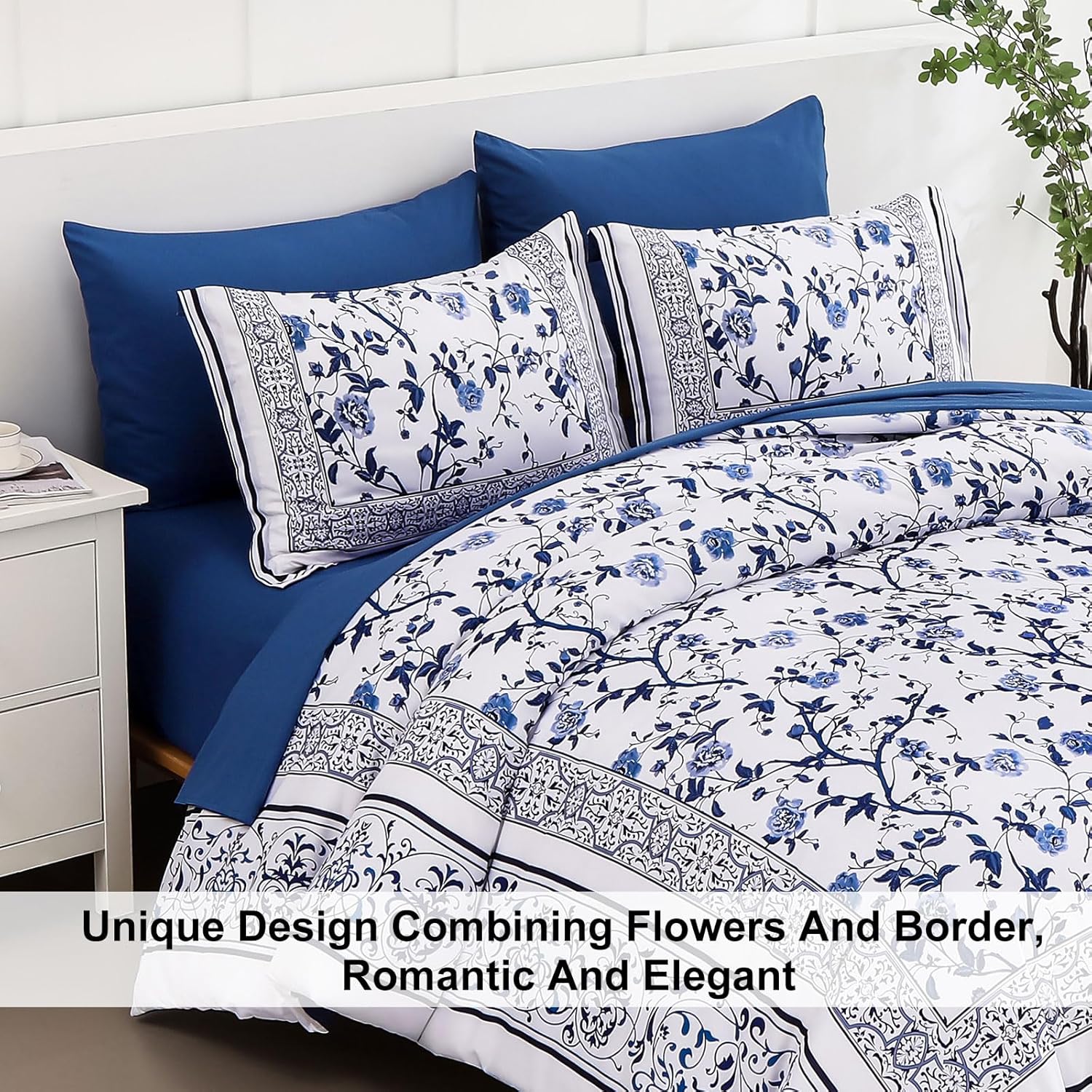 Dobuyly Floral Queen Comforter Set, 7 Piece Bed in a Bag Queen Size Blue Flowers on White Botanical Bedding Set, Soft Microfiber Bedding Comforter Sets with Sheets for All Season