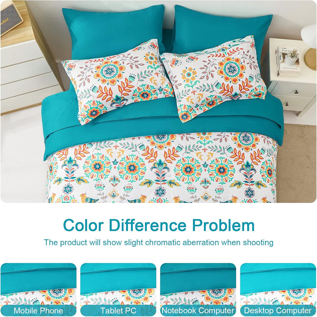 Boho Comforter Set Queen - 7 Pieces Bed in a Bag Floral Medallions Design, Bohemian Comforter Set with Sheets, Soft Microfiber Complete Bedding Sets All Season (Teal Blue, Queen)