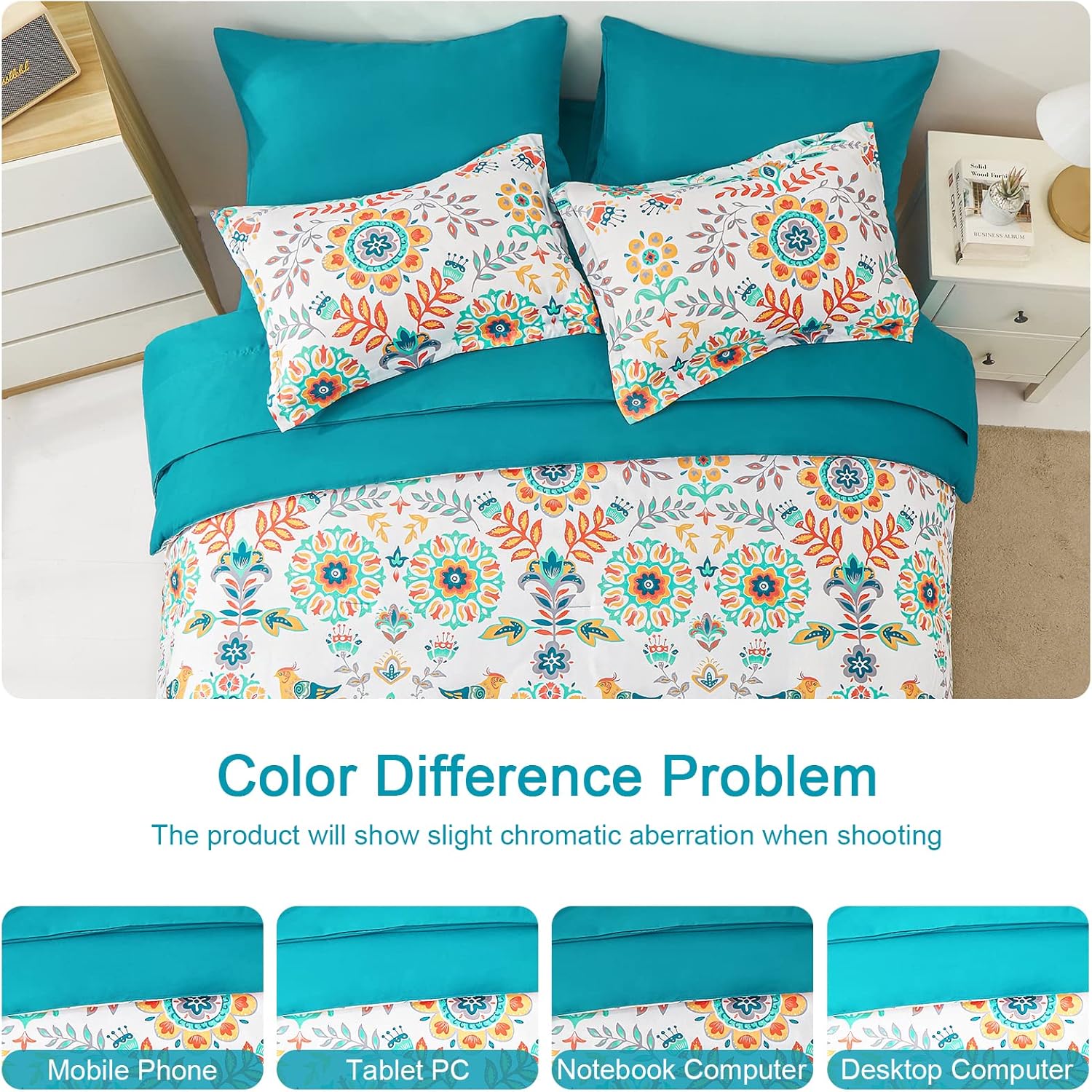 Boho Comforter Set Queen - 7 Pieces Bed in a Bag Floral Medallions Design, Bohemian Comforter Set with Sheets, Soft Microfiber Complete Bedding Sets All Season (Teal Blue, Queen)