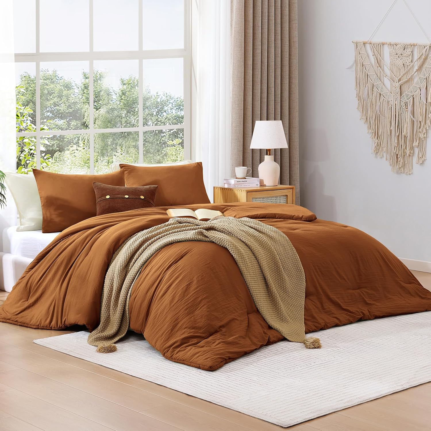 WRENSONGE King Size Comforter Set - 3 Pieces Prewashed Burnt Orange Soft Lightweight Bedding for All Seasons,Fluffy Down Alternative Comforter King Size with 2 Pillow Shams