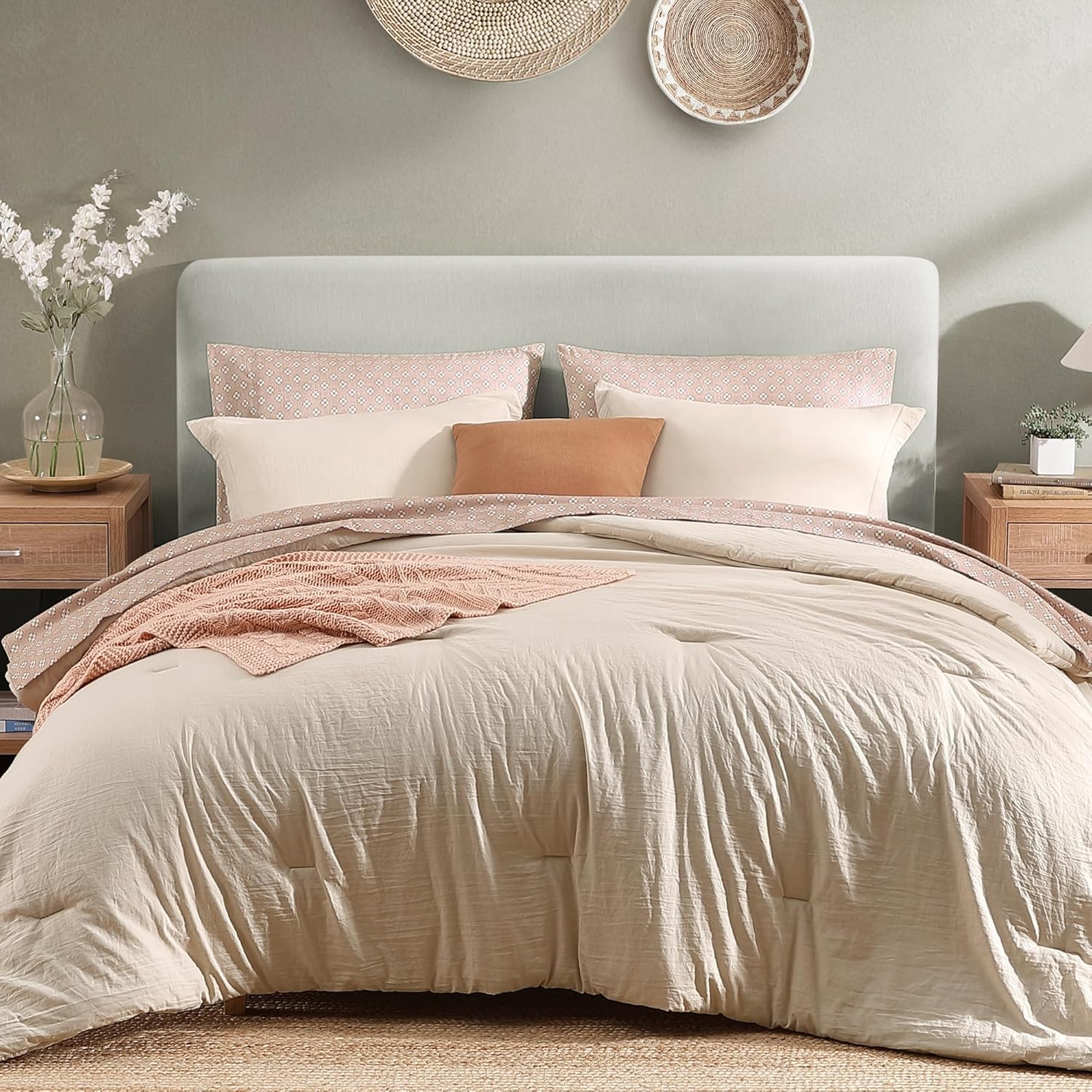 Monbix Queen Comforter Set - 7 Pieces Dusty Blue Prewashed Bed in a Bag Queen Bedding Sets with Comforters, All Seasons Ultra Soft Comforter Bed Set with Sheets,Pillowcases & Shams