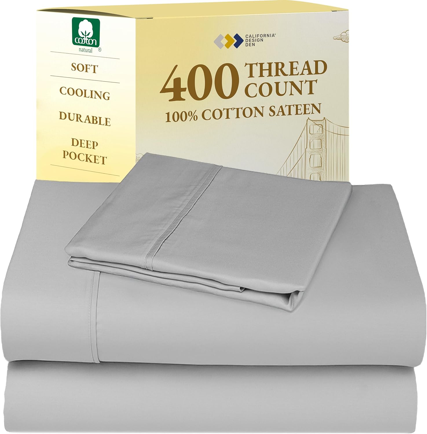 California Design Den King Size Sheets Set - Soft 400 Thread Count Sateen, Natural 100% Cotton Sheets King Size, Deep Pockets with All Around Elastic for a Snug Fit, Cool & Durable Bedding - White