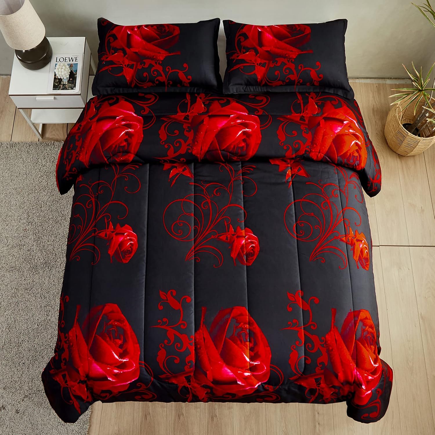 WONGS BEDDING Red Comforter Set Queen Reversible Red Rose Pattern Printed Bedding Down Comforter with 2 Pillowcases for All Seasons, Soft Microfiber Lightweight Bedding Set 90"x90"