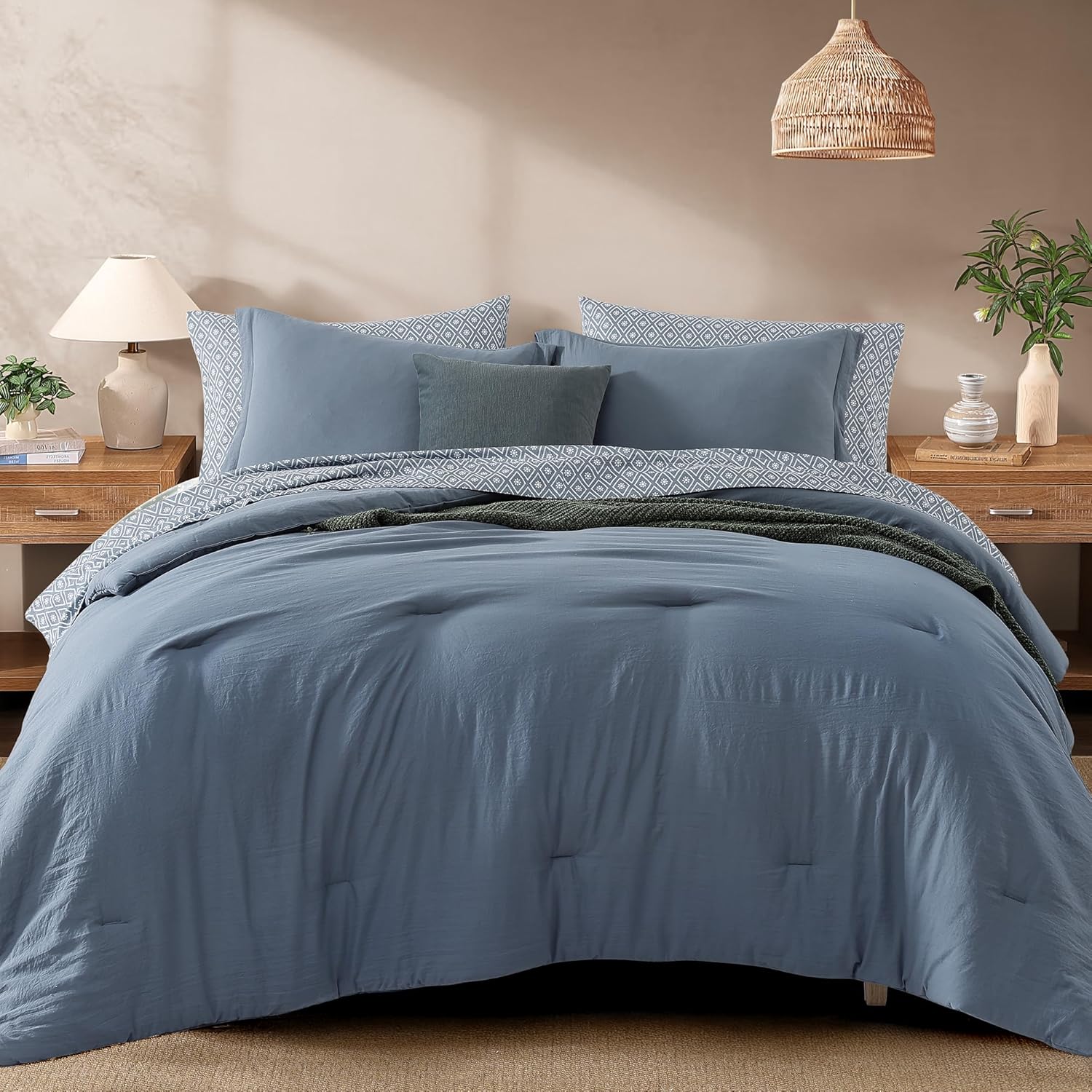 Monbix Queen Comforter Set - 7 Pieces Dusty Blue Prewashed Bed in a Bag Queen Bedding Sets with Comforters, All Seasons Ultra Soft Comforter Bed Set with Sheets,Pillowcases & Shams