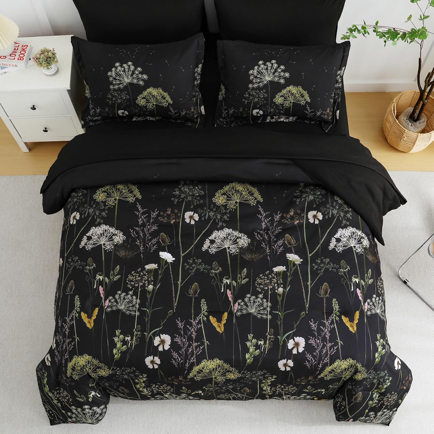 Yiran King Size Comforter Set, 7 Piece Comforter Floral Black Green Bedding Set, Soft Bed in a Bag King, Comforter, Sheets, Pillowcases & Shams
