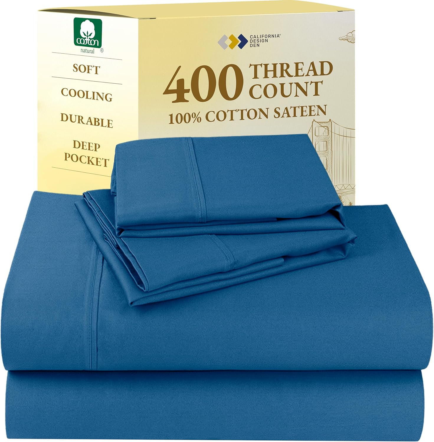 California Design Den King Size Sheets Set - Soft 400 Thread Count Sateen, Natural 100% Cotton Sheets King Size, Deep Pockets with All Around Elastic for a Snug Fit, Cool & Durable Bedding - White