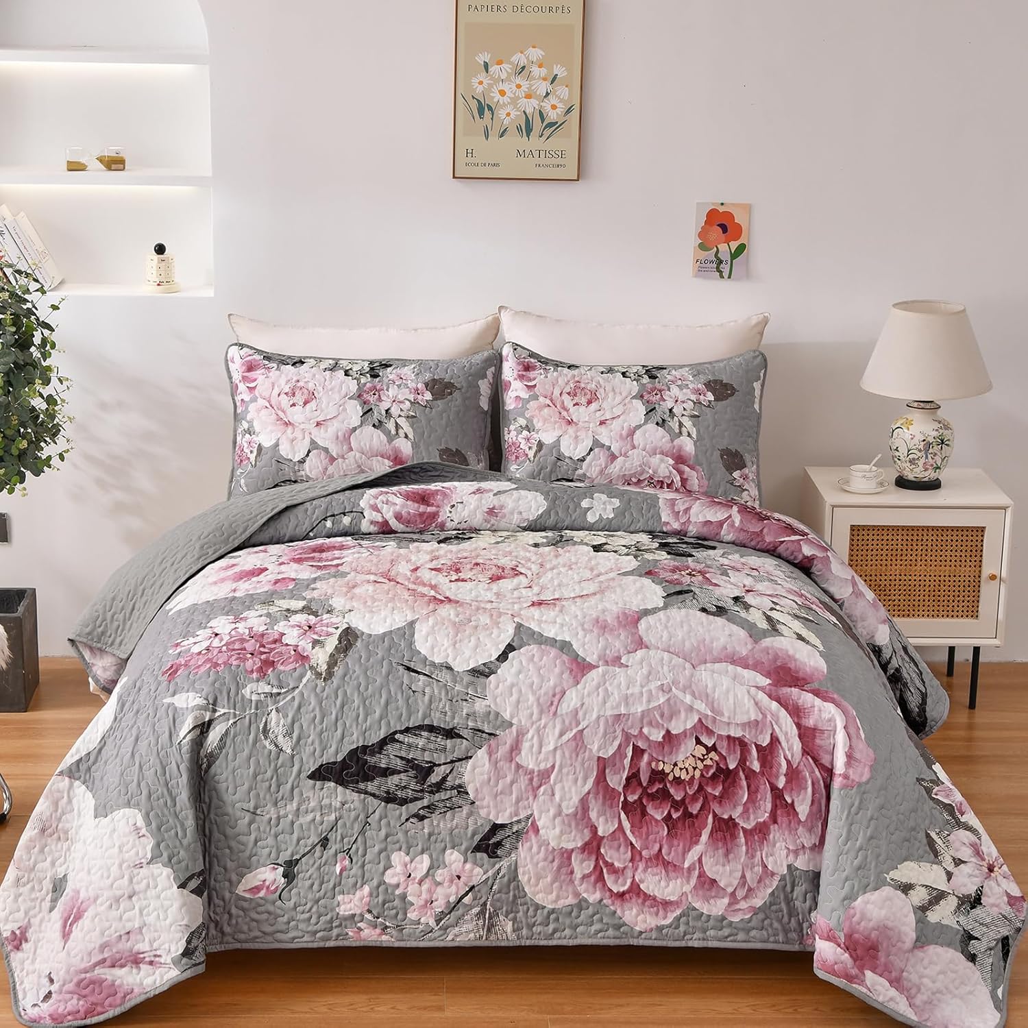 WONGS BEDDING Floral Quilt Set Blue Queen Size 3 Pieces Elegant Botanical Print Bedding Set for All Season, Lightweight Reversible Bedspreads Coverlet Set with 2 Pillow Shams