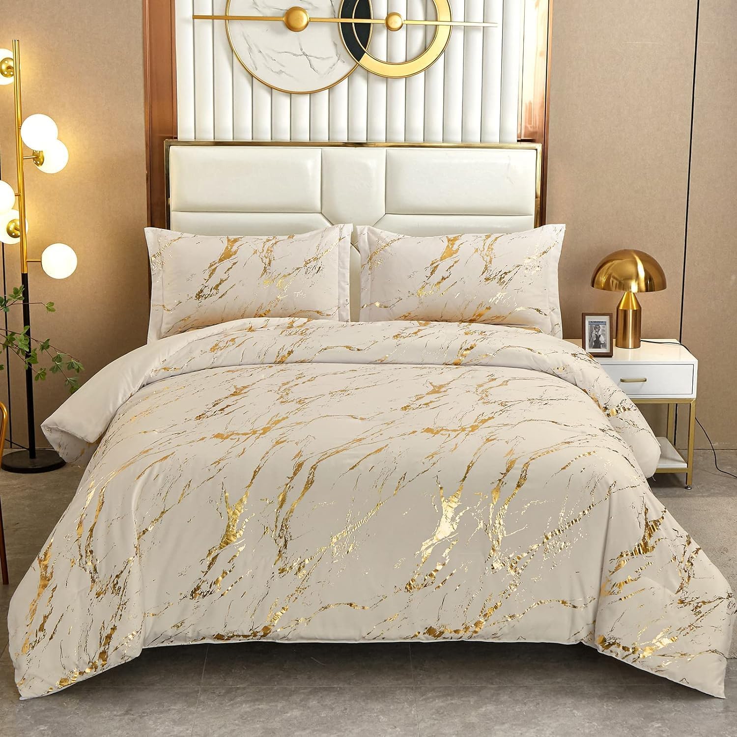 WONGS BEDDING White Gold Metallic Marble Comforter Set Queen Foil Print Glitter Bedding Sets with 2 Pillowcases for All Seasons, Soft Microfiber Filling Bedding Duvet Set 90"x90"