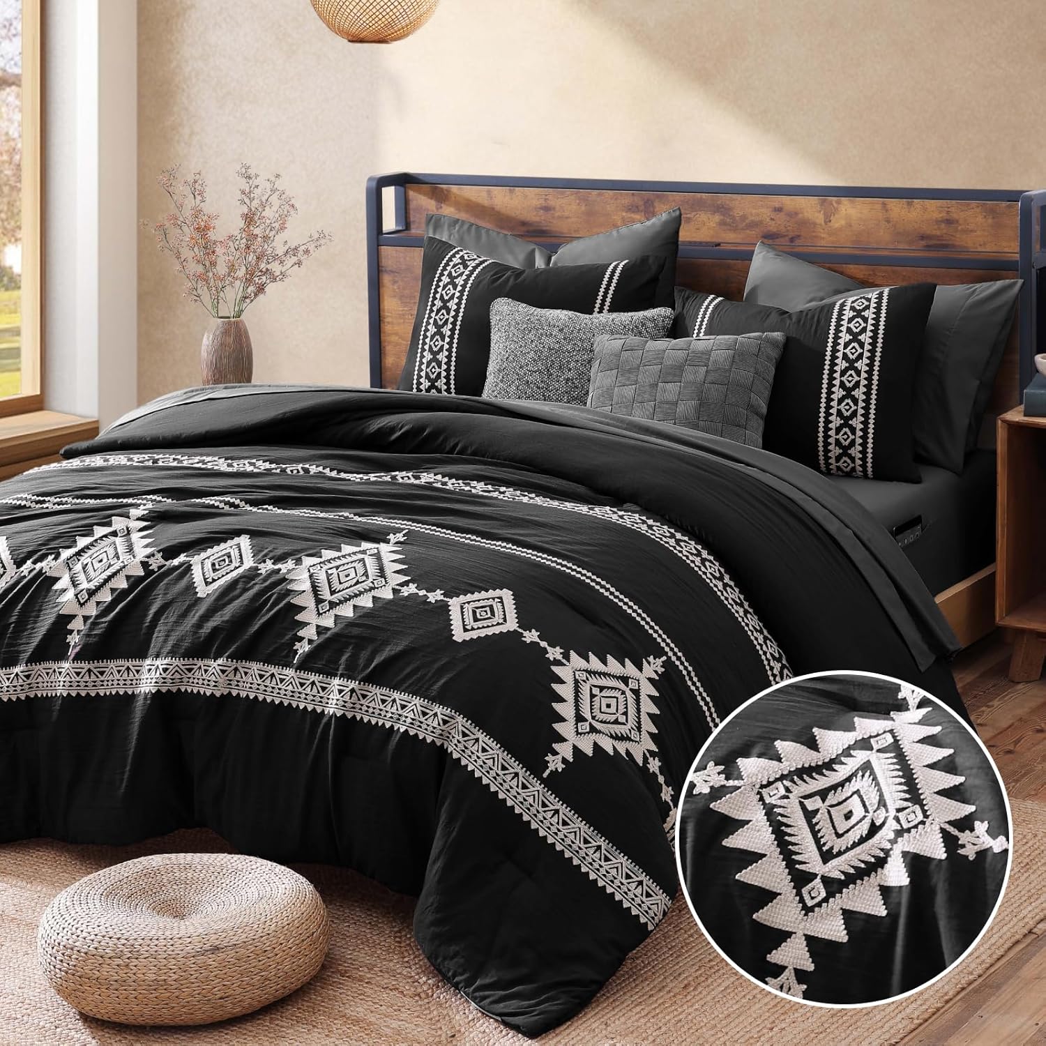 MaiRêve Burnt Orange Embroidery Comforters Set Queen Size - 7 Pieces, Farmhouse Western Bedding All Season, Bed in A Bag Queen Boho Comforter Set with Sheets, Pillowcases & Shams