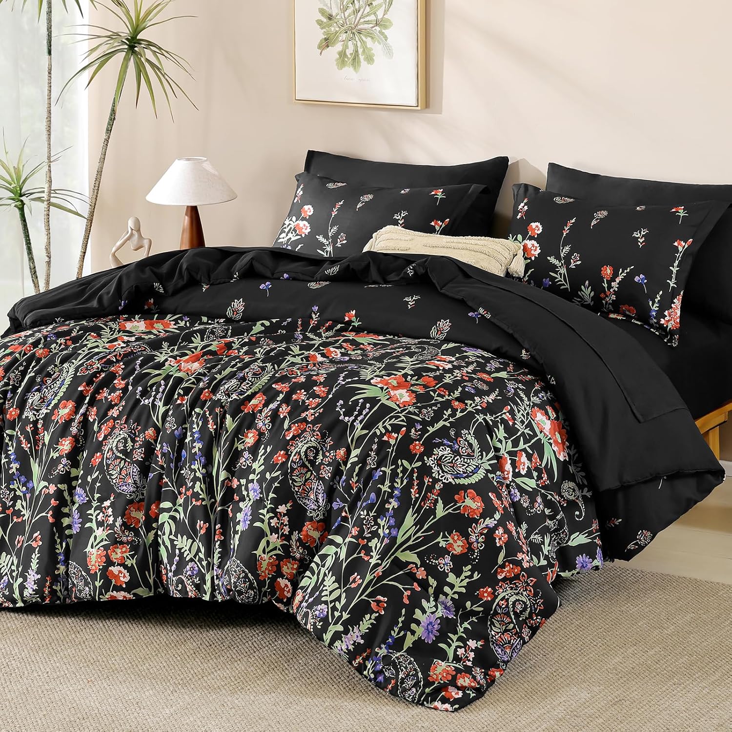 Yiran Purple Watercolour Floral Comforter Set Queen Size, 7 Piece Cute Botanical Lavender Comforter Bedding Set, Bed in a Bag Queen, Soft Microfiber Complete Bedding Set with Sheets for All Season