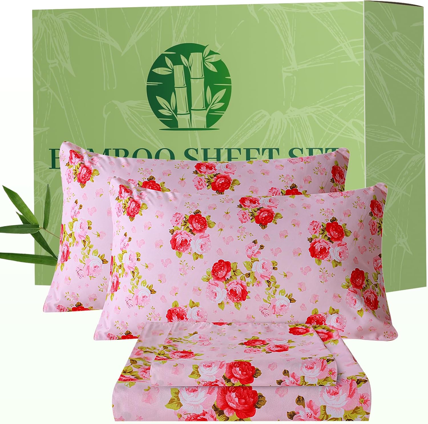 Bedlifes Queen Sheet Set Ultra Soft Breathable Silky Flower Bed Sheets Deep Pocket 100% Microfiber Bedding Sheets 4 Piece Queen Size Floral Spring