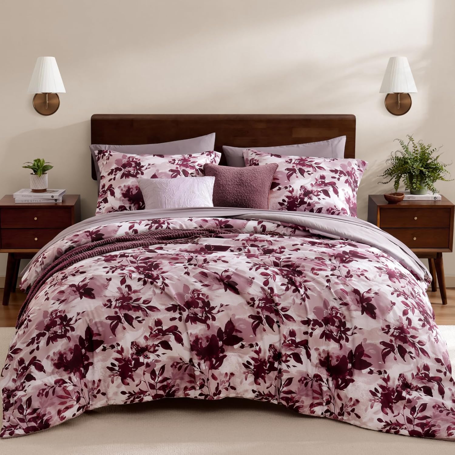 WRENSONGE Queen Comforter Set-7 Pieces Green Botanical Floral Bedding, Flowers Printed Design Queen Bed in a Bag with Botanical Flowers Comforter, Sheets, Pillowcases & Shams