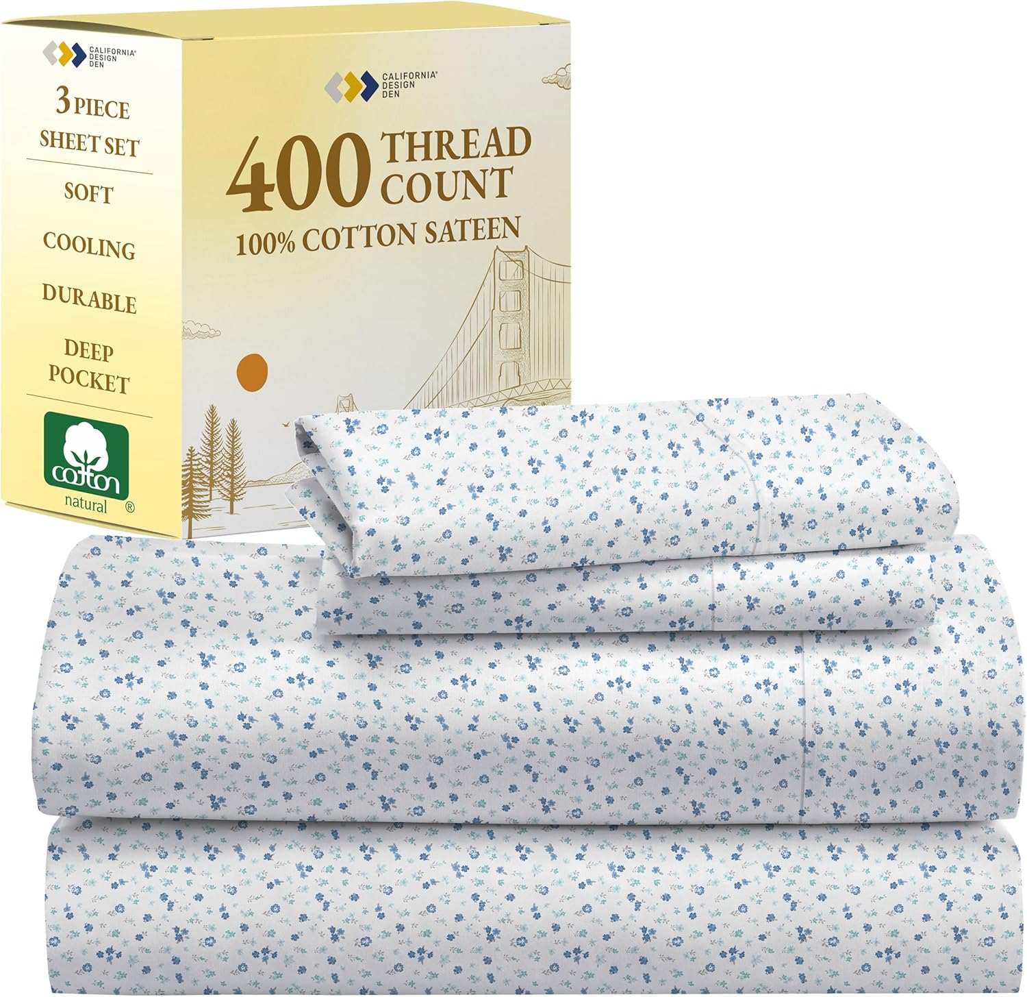 California Design Den King Size Sheets Set - Soft 400 Thread Count Sateen, Natural 100% Cotton Sheets King Size, Deep Pockets with All Around Elastic for a Snug Fit, Cool & Durable Bedding - White