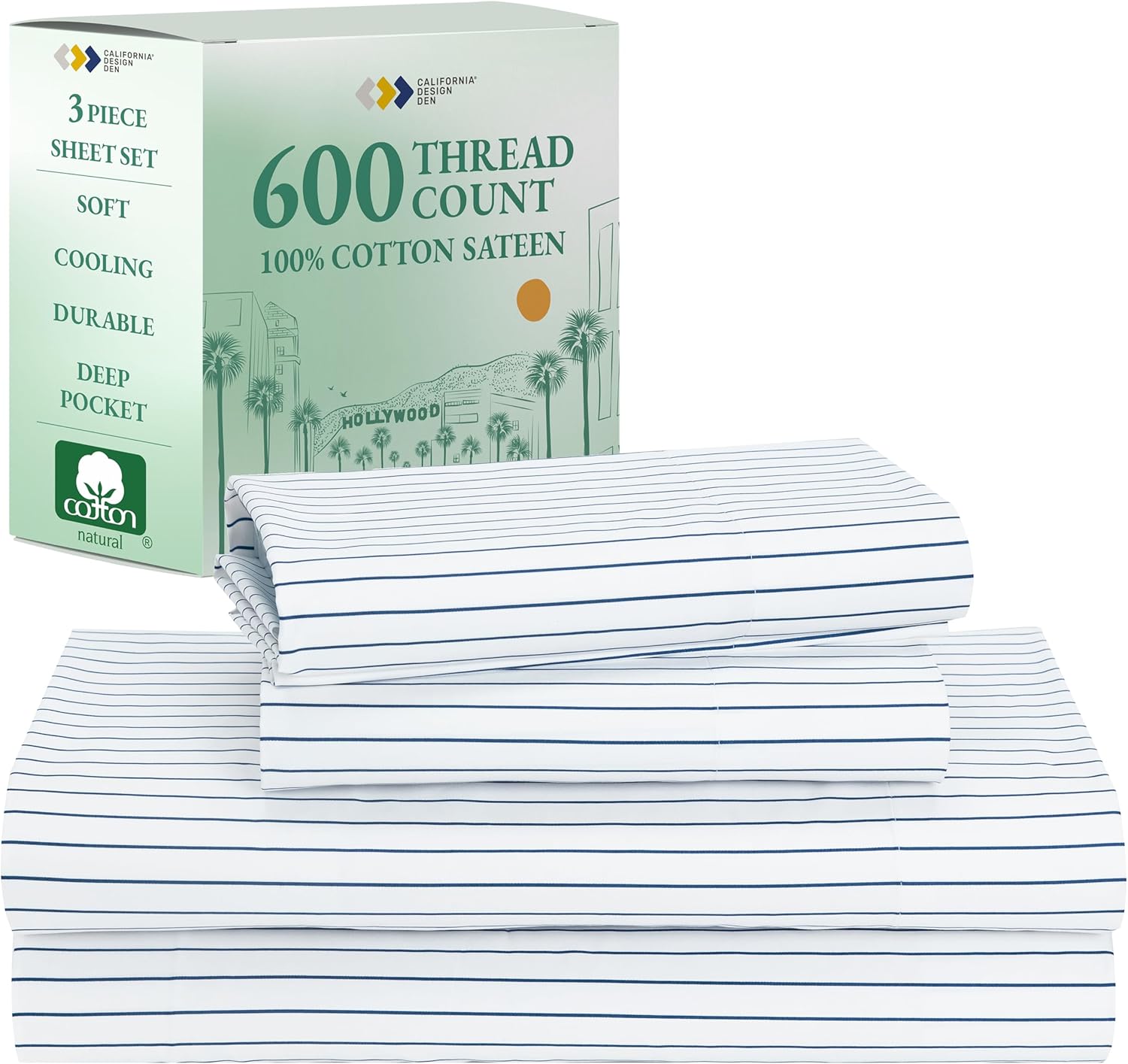 California Design Den Queen Sheet Set - Luxury 600 Thread Count Sateen, 100% Cotton Deep Pocket Queen Sheets with All Around Elastic, Snug Fit, Hotel Quality Bedding Set - White