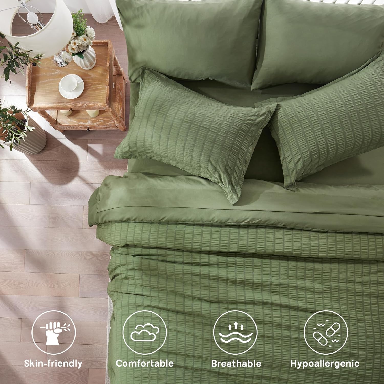 Zzlpp Queen Comforter Set 7 Pieces, Olive Green Seersucker Bed in a Bag with Comforter and Sheets, All Season Bedding Sets with 1 Comforter, 2 Pillow Shams, 2 Pillowcases, 1 Flat Sheet