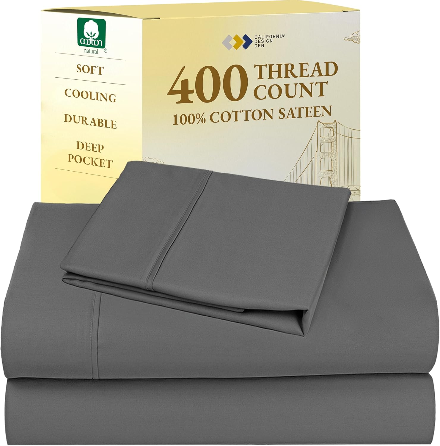 California Design Den King Size Sheets Set - Soft 400 Thread Count Sateen, Natural 100% Cotton Sheets King Size, Deep Pockets with All Around Elastic for a Snug Fit, Cool & Durable Bedding - White