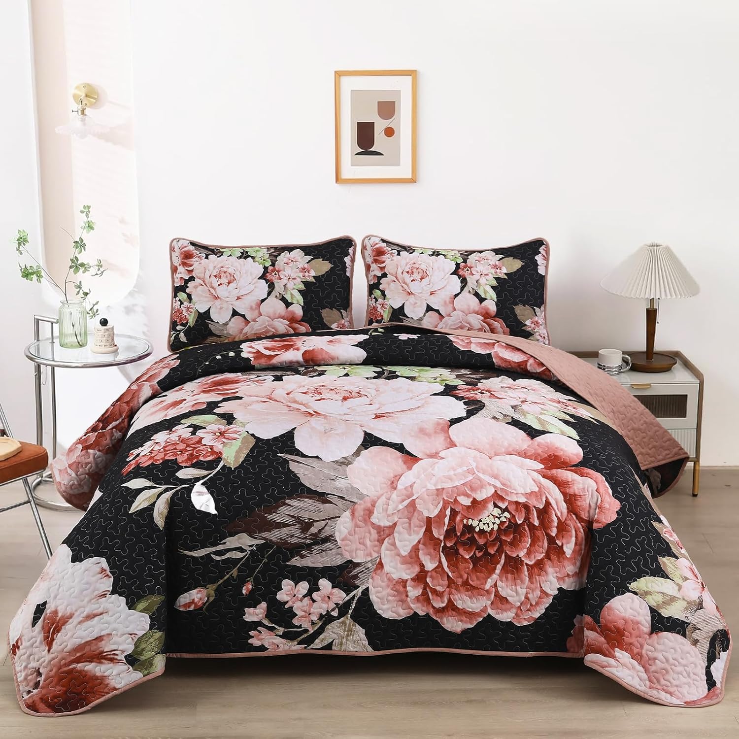 WONGS BEDDING Floral Quilt Set Blue Queen Size 3 Pieces Elegant Botanical Print Bedding Set for All Season, Lightweight Reversible Bedspreads Coverlet Set with 2 Pillow Shams