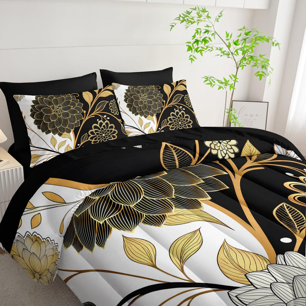 7pc Queen Comforter Set: Black & Gold Floral Bed in a Bag, Elegant Bedding with Sheets, Soft Microfiber, All Season Flower Design