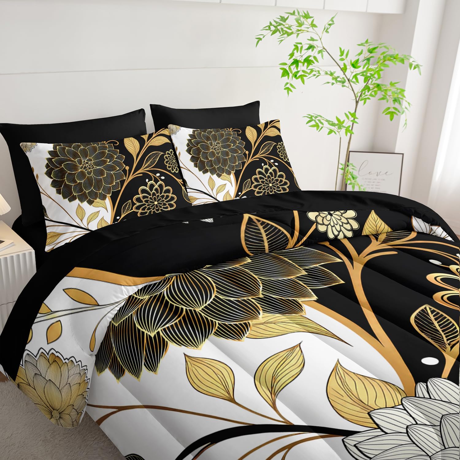 7pc Queen Comforter Set: Black & Gold Floral Bed in a Bag, Elegant Bedding with Sheets, Soft Microfiber, All Season Flower Design