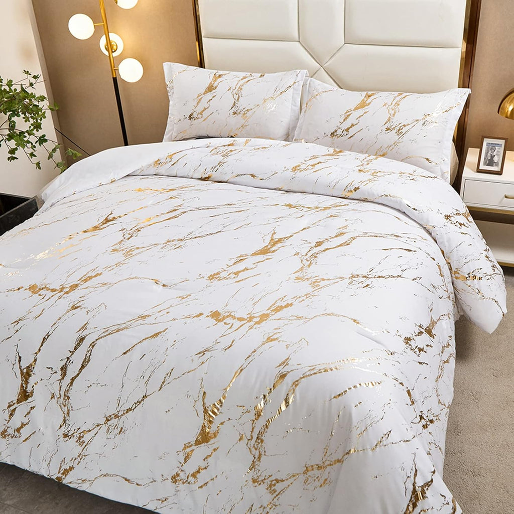WONGS BEDDING White Gold Metallic Marble Comforter Set Queen Foil Print Glitter Bedding Sets with 2 Pillowcases for All Seasons, Soft Microfiber Filling Bedding Duvet Set 90"x90"
