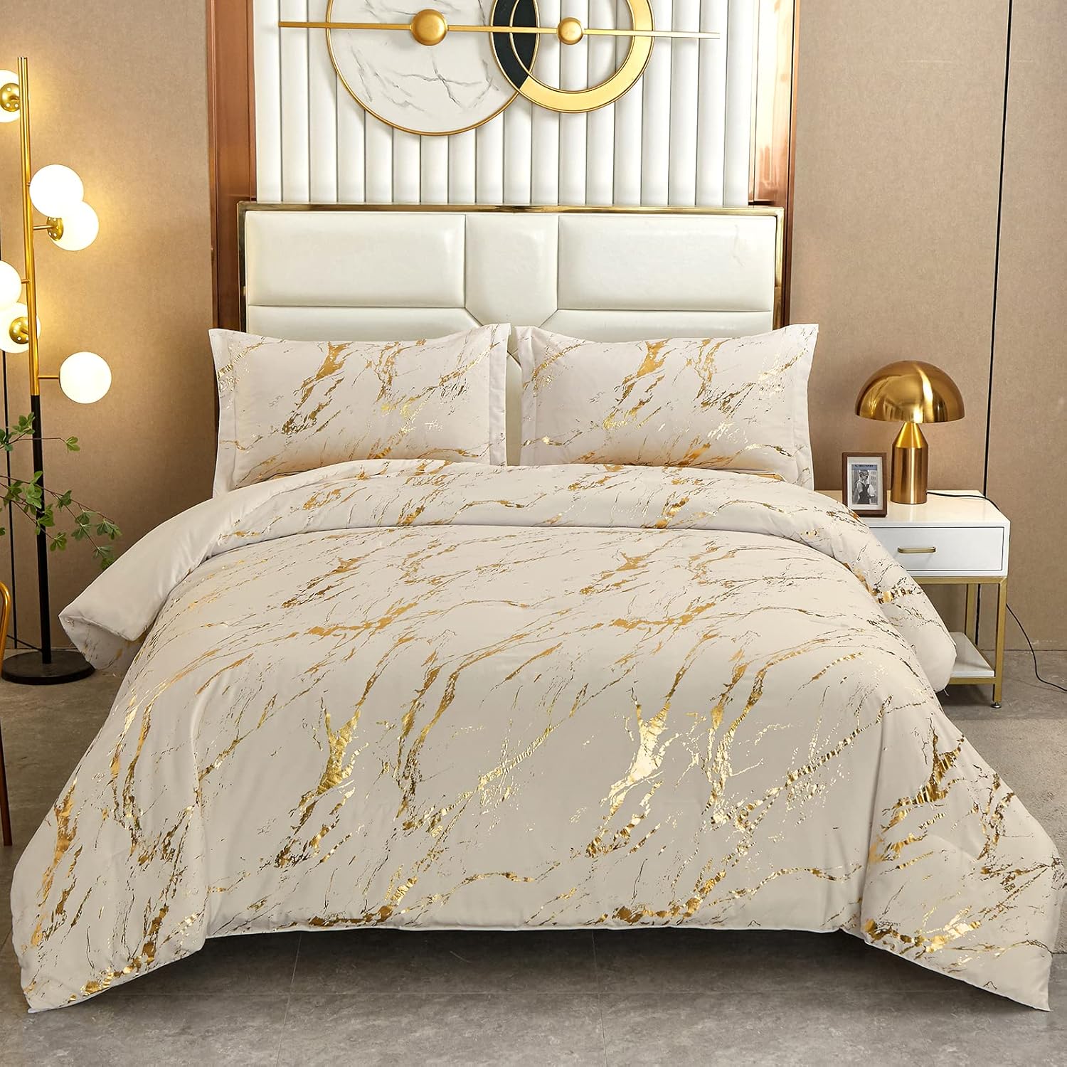 WONGS BEDDING White Gold Metallic Marble Comforter Set Queen Foil Print Glitter Bedding Sets with 2 Pillowcases for All Seasons, Soft Microfiber Filling Bedding Duvet Set 90"x90"