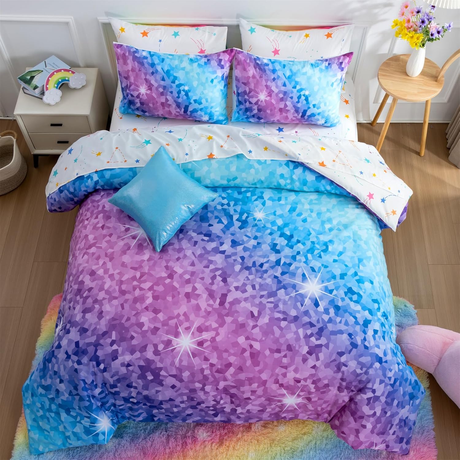 A Nice Night 6Pcs Gradient Glitter Bedding Set for Girls Full Size, Colorful Rainbow Galaxy Comforter Set, Ultra Soft Bedding Sets, Pink