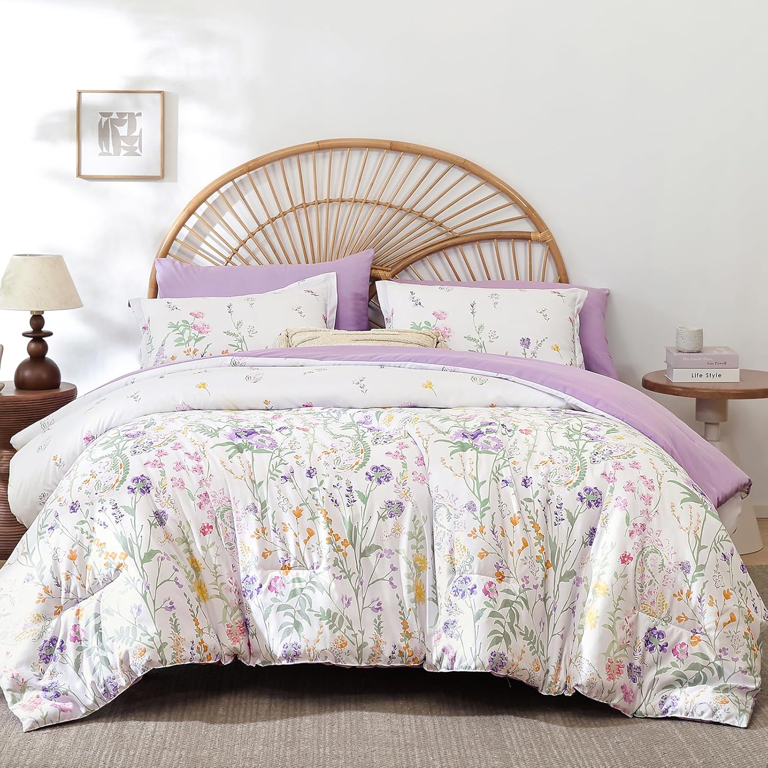 Yiran Purple Watercolour Floral Comforter Set Queen Size, 7 Piece Cute Botanical Lavender Comforter Bedding Set, Bed in a Bag Queen, Soft Microfiber Complete Bedding Set with Sheets for All Season