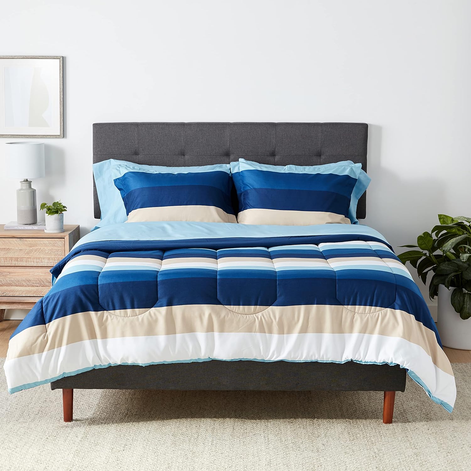 Amazon Basics Full/Queen Comforter Set with Sheets, 7-Piece Blue Calvin Striped Bedding, Lightweight Microfiber Bed-in-a-Bag