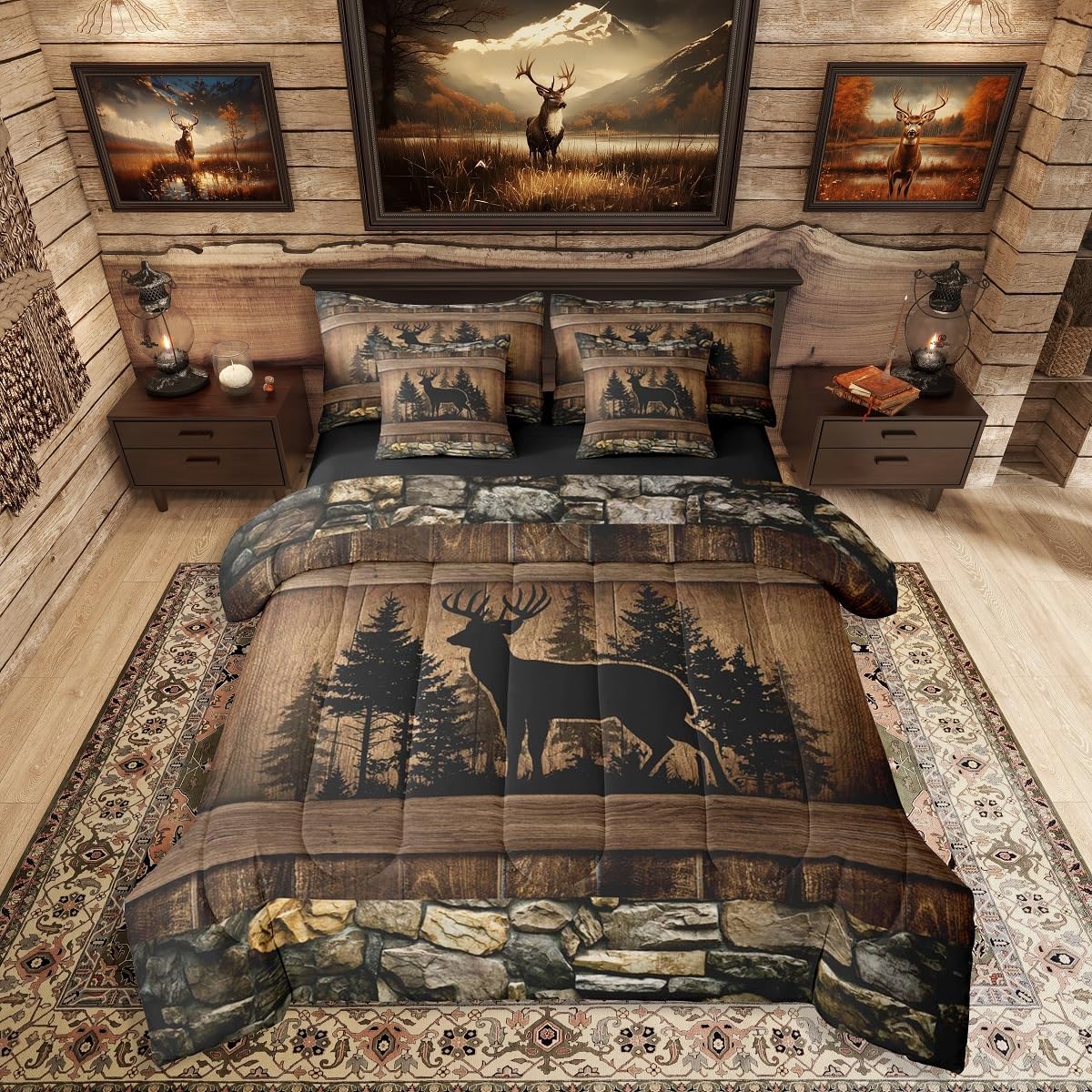 Erosebridal 7 Piece Camo Mallard Duck Comforter Set with Sheets for Kids Boys Men Rustic Farmhouse Cabin Bed in A Bag Queen,Hunting Woodland Duck Bedding Set Country Wood Board Animal Bed Set