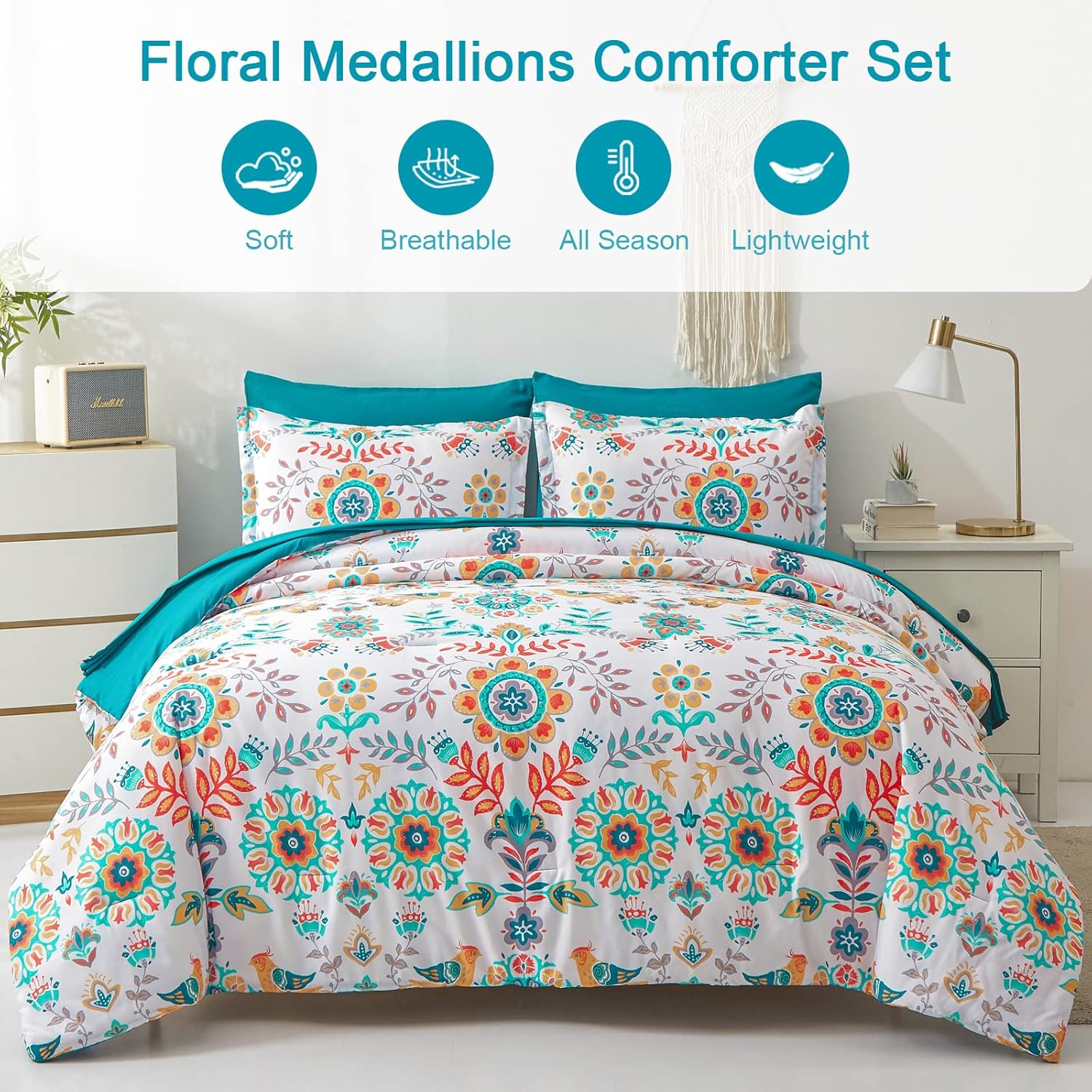 Boho Comforter Set Queen - 7 Pieces Bed in a Bag Floral Medallions Design, Bohemian Comforter Set with Sheets, Soft Microfiber Complete Bedding Sets All Season (Teal Blue, Queen)