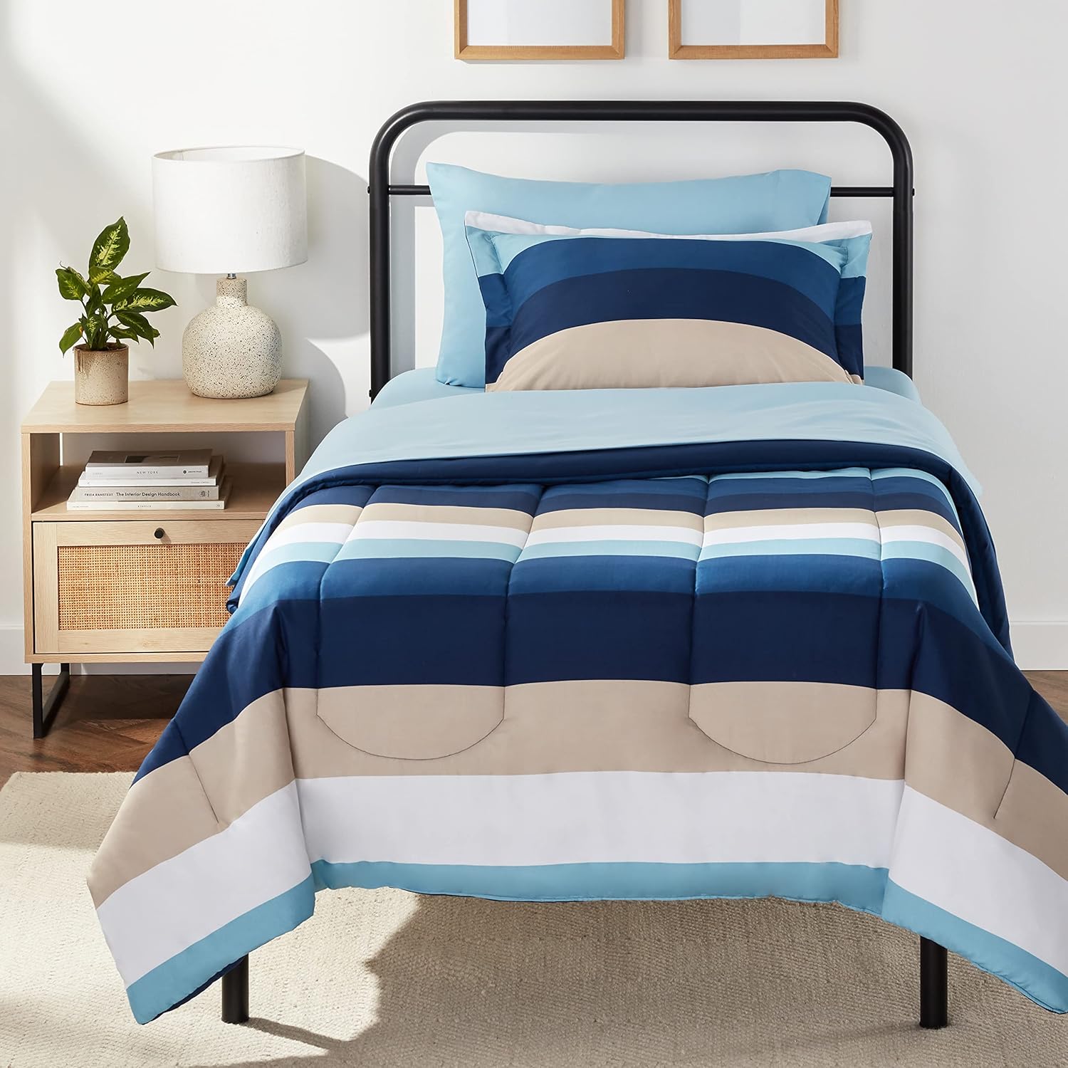 Amazon Basics Full/Queen Comforter Set with Sheets, 7-Piece Blue Calvin Striped Bedding, Lightweight Microfiber Bed-in-a-Bag