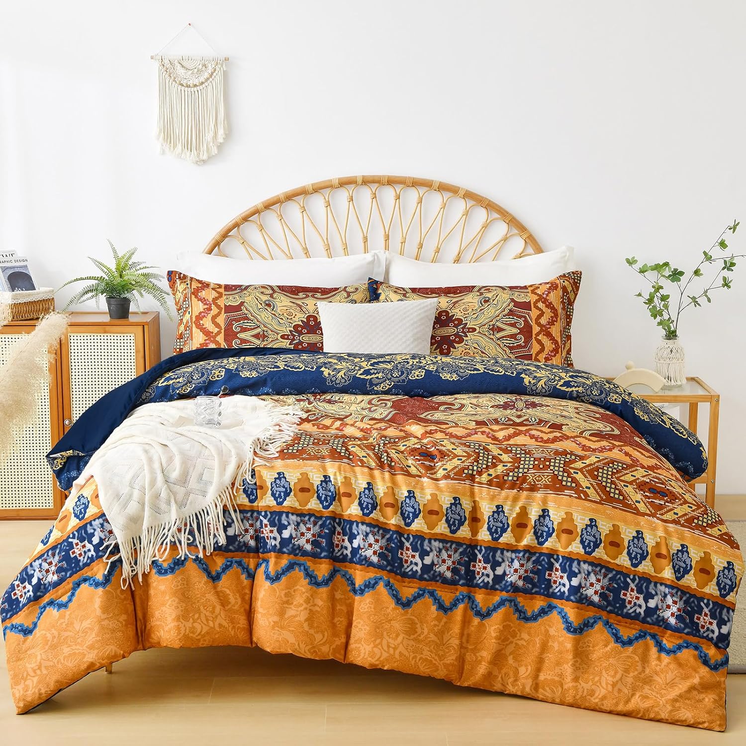 WONGS BEDDING Bohemian Comforter Set Queen, Ultra Soft Microfiber Reversible Boho Alternative Comforter Set - 3 Pieces (1 Solid Comforter + 2 Pillowcases), Bedding Duvet Set for Queen Bed