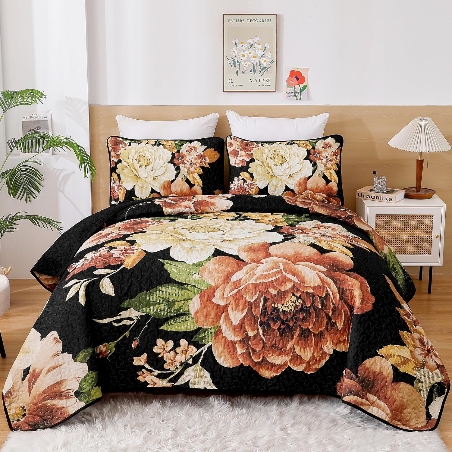 WONGS BEDDING Floral Quilt Set Blue Queen Size 3 Pieces Elegant Botanical Print Bedding Set for All Season, Lightweight Reversible Bedspreads Coverlet Set with 2 Pillow Shams