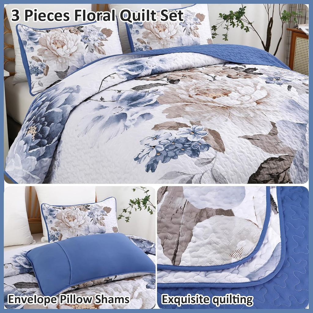 WONGS BEDDING Floral Quilt Set Blue Queen Size 3 Pieces Elegant Botanical Print Bedding Set for All Season, Lightweight Reversible Bedspreads Coverlet Set with 2 Pillow Shams